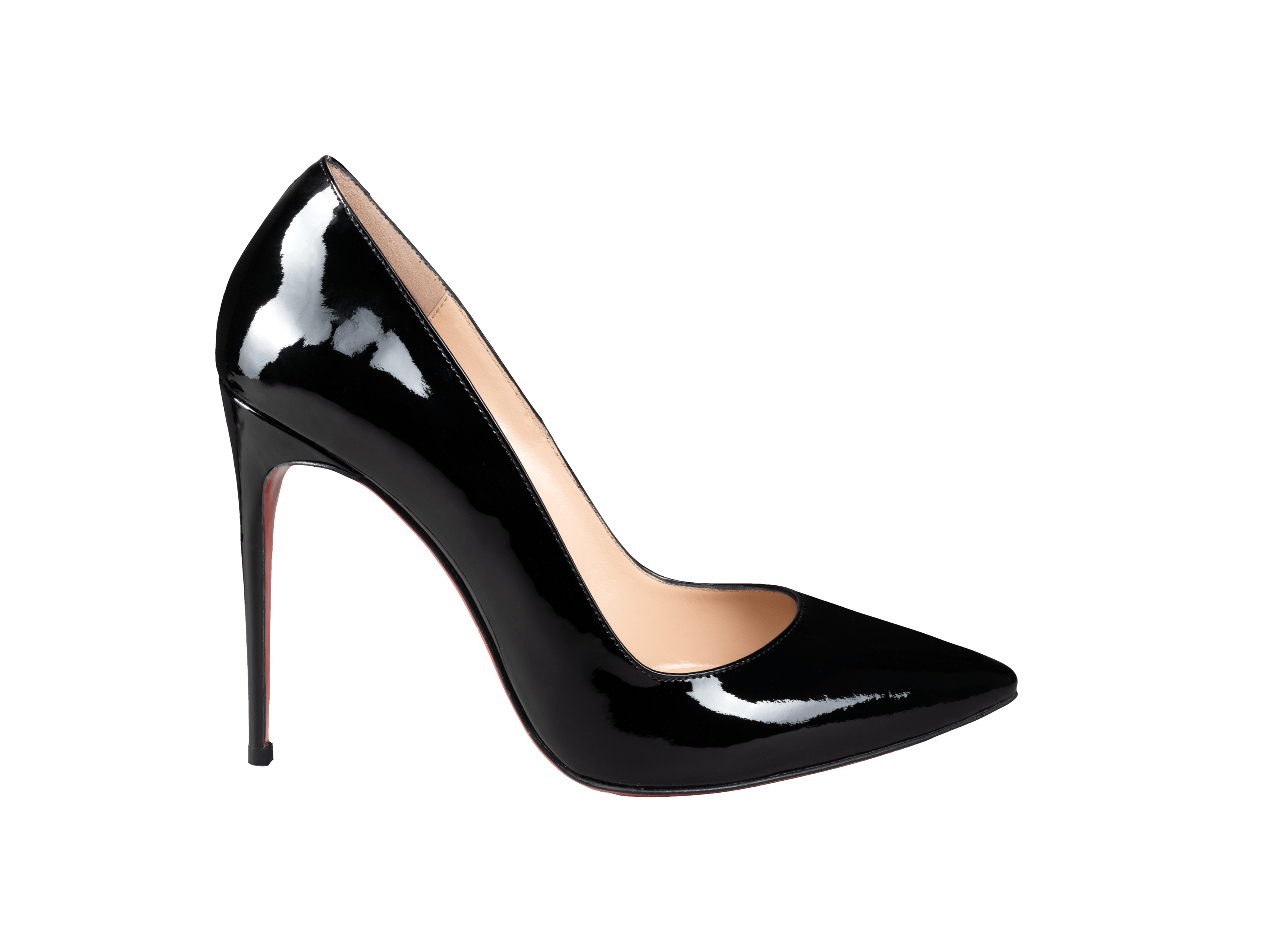 Black high-heeled shoe with a red sole on a white background