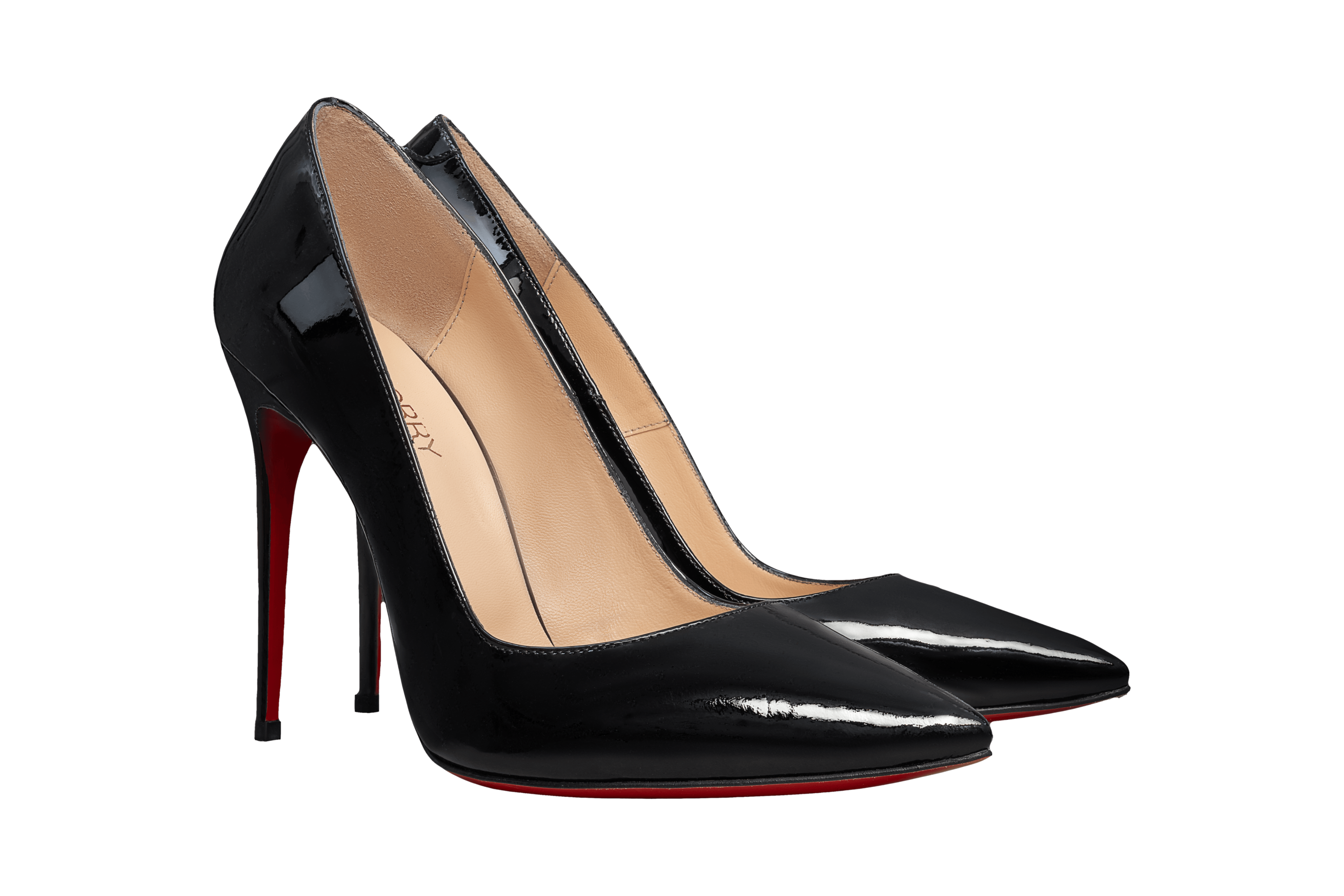 Black high-heeled shoes with red soles on a white background