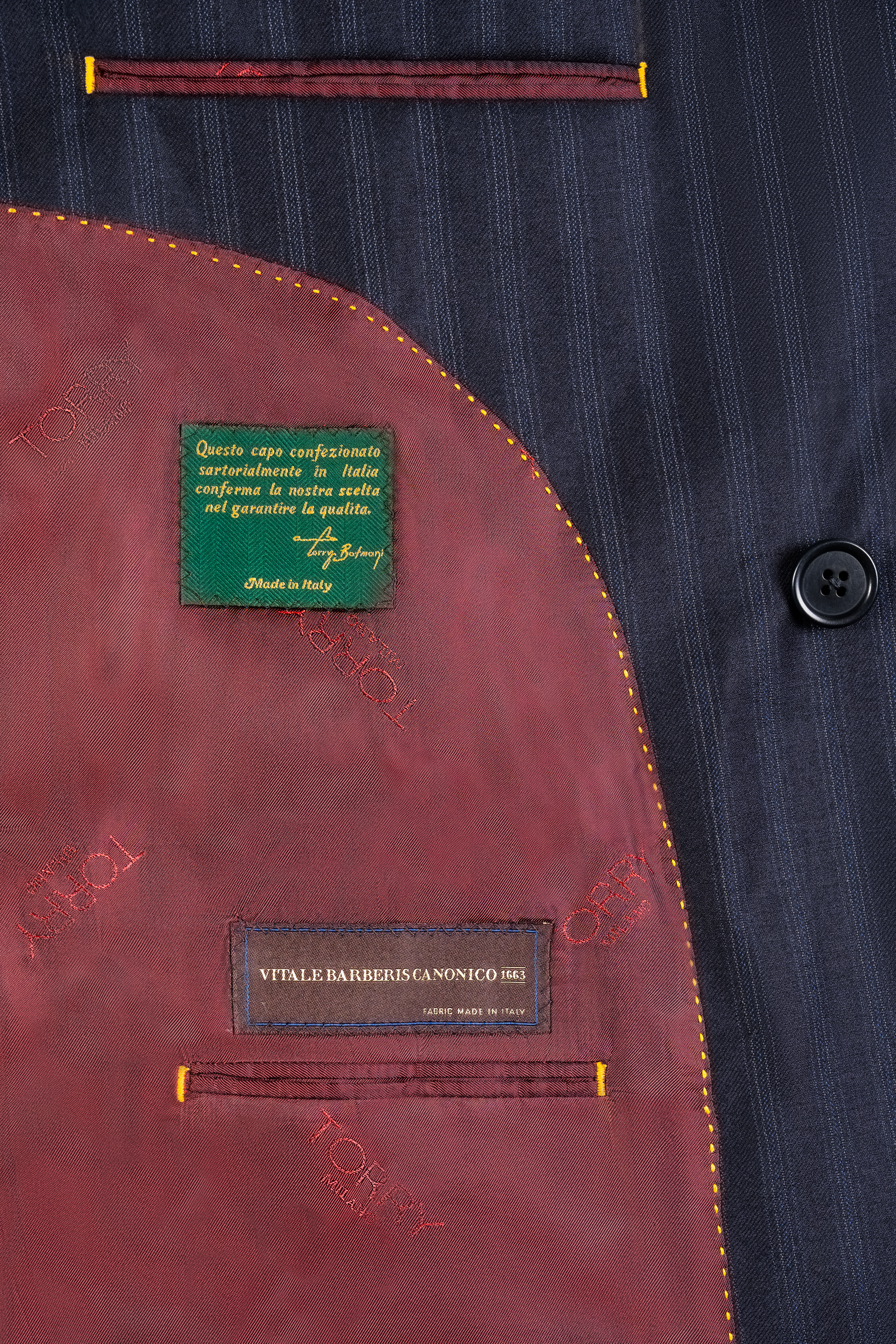 Navy Blue Striped Double Breasted Wool Suit - Red Lining