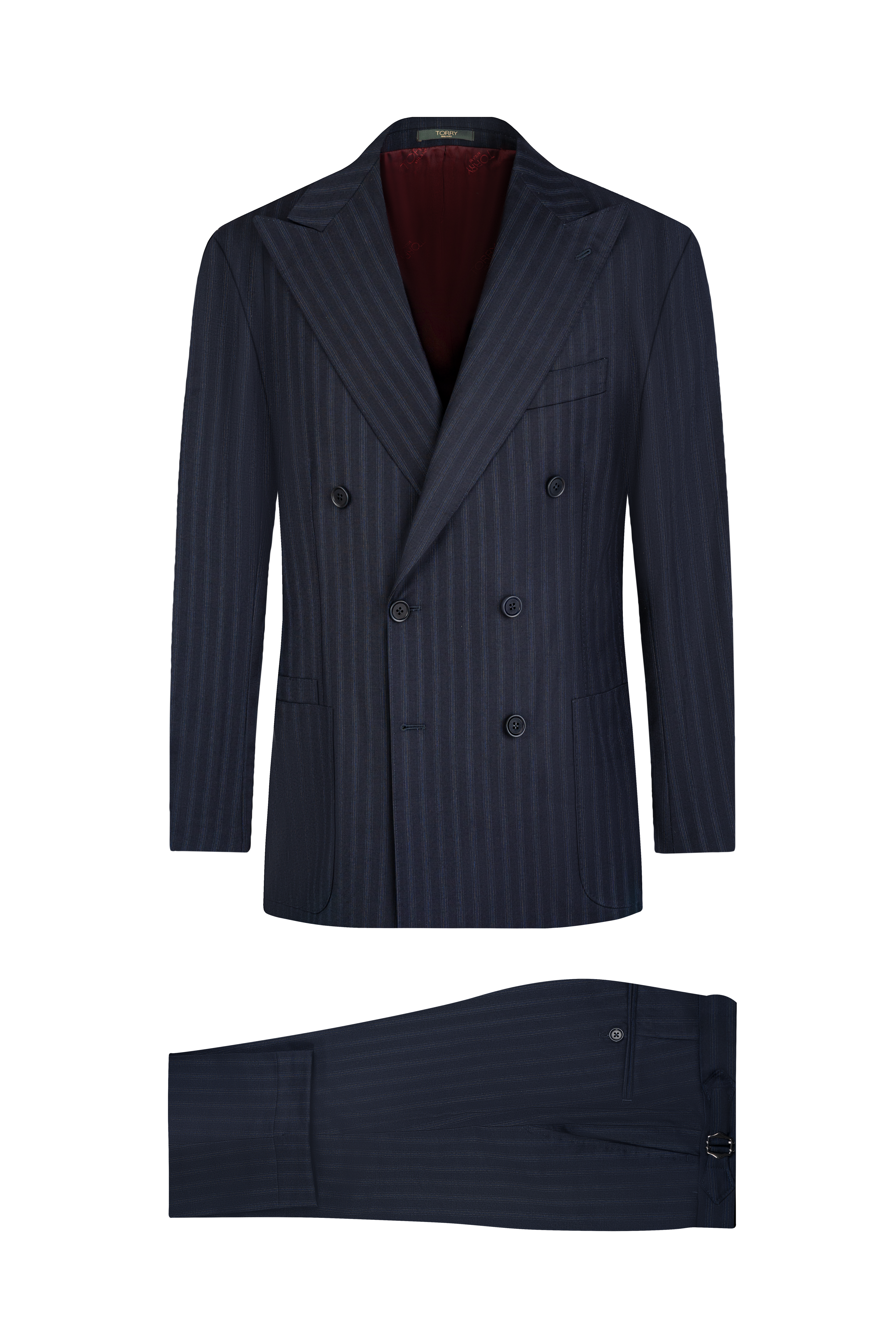 Navy Blue Striped Double Breasted Wool Suit
