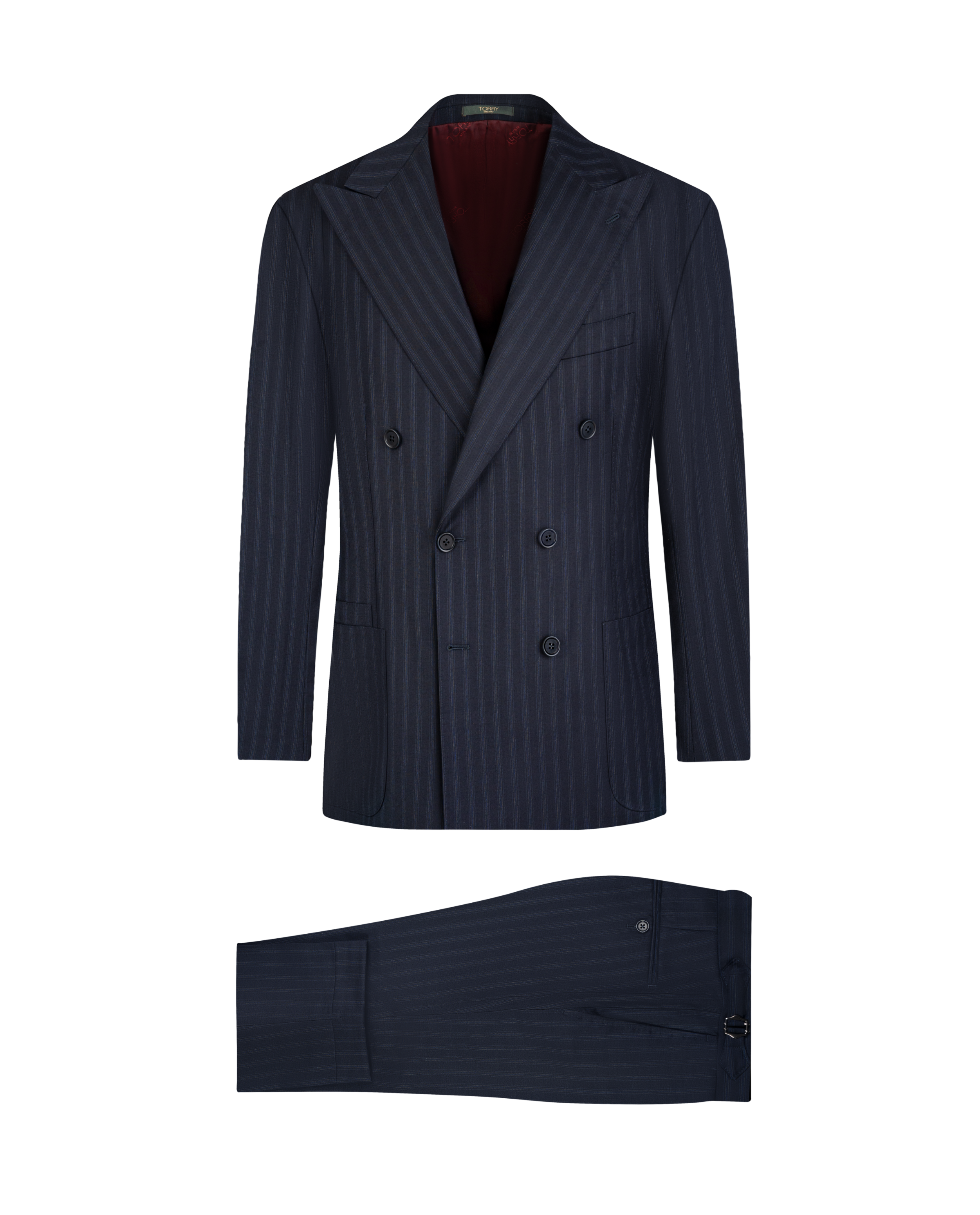 Navy Blue Striped Double Breasted Wool Suit - Red Lining