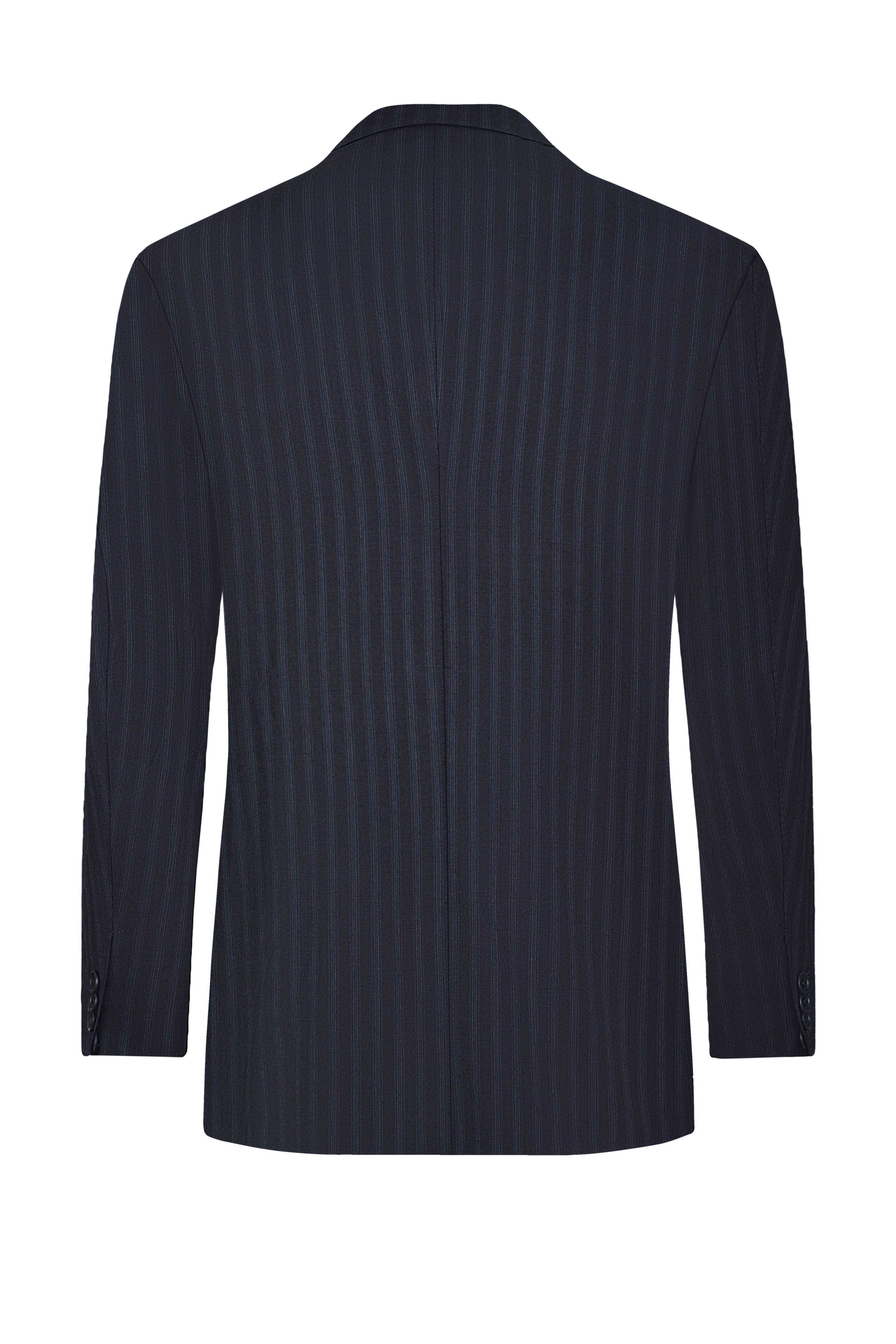 Navy Blue Striped Double Breasted Wool Suit - Red Lining