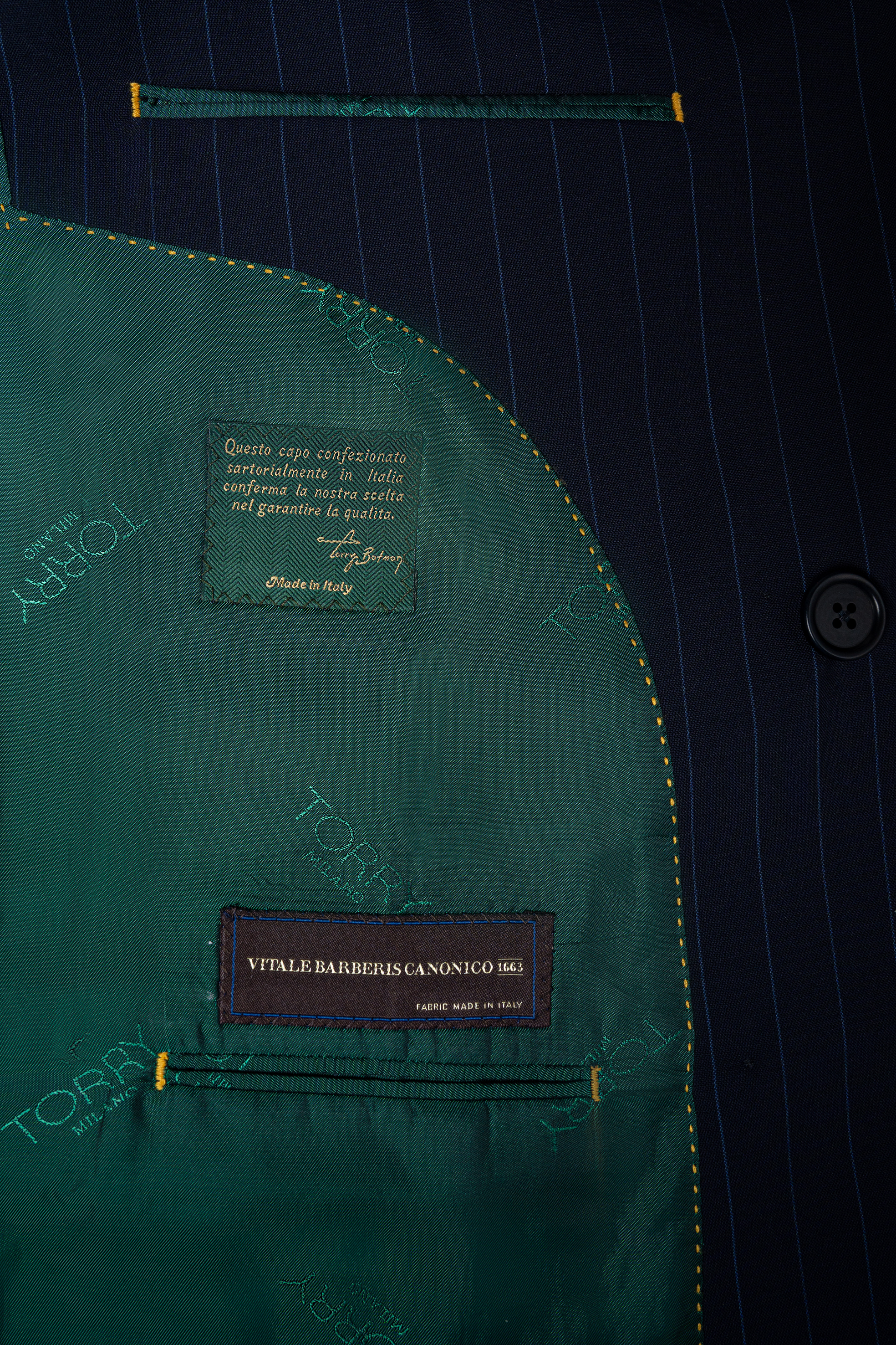 Navy Blue Striped Double Breasted Wool Suit - Green Lining