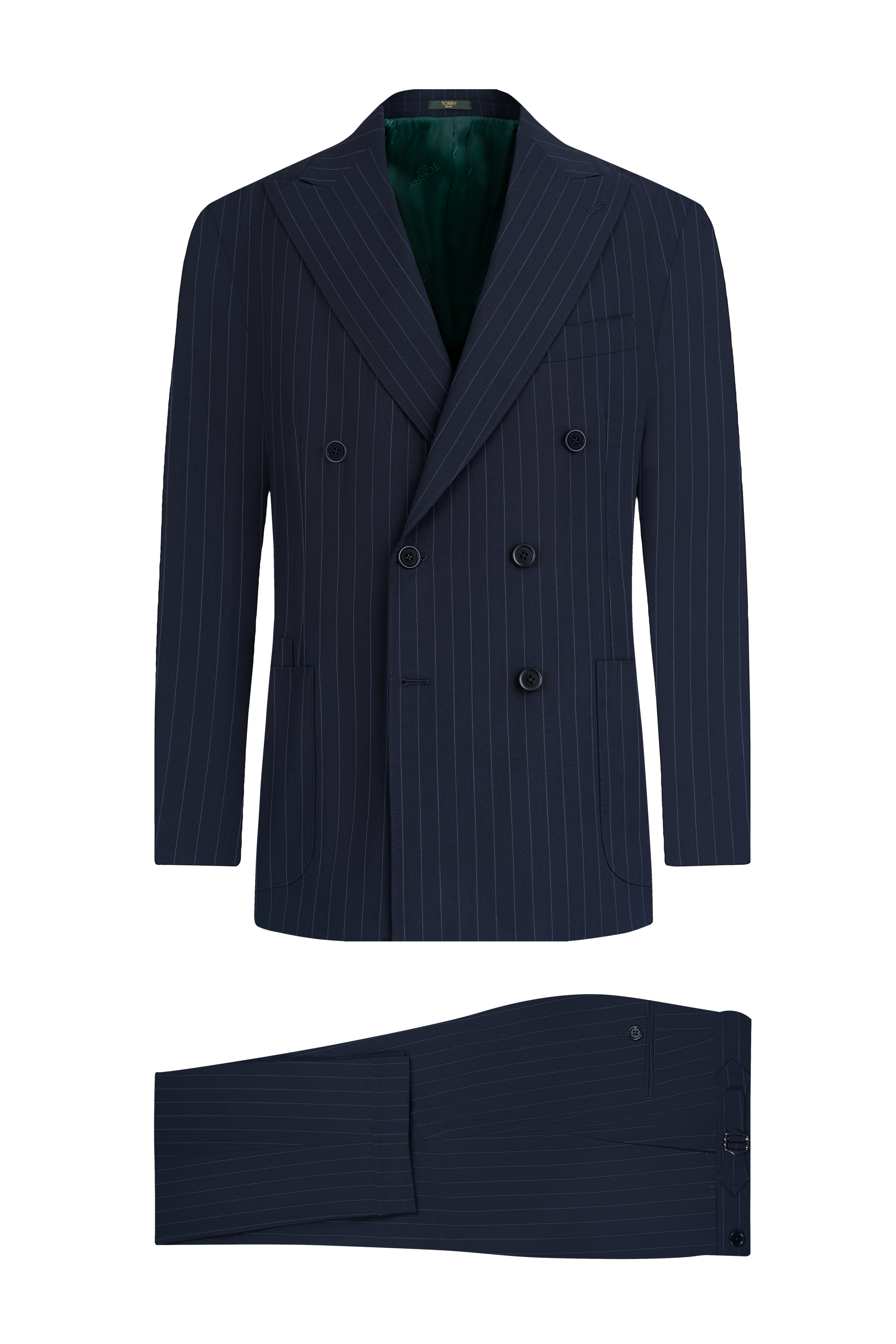 Navy Blue Striped Double Breasted Wool Suit