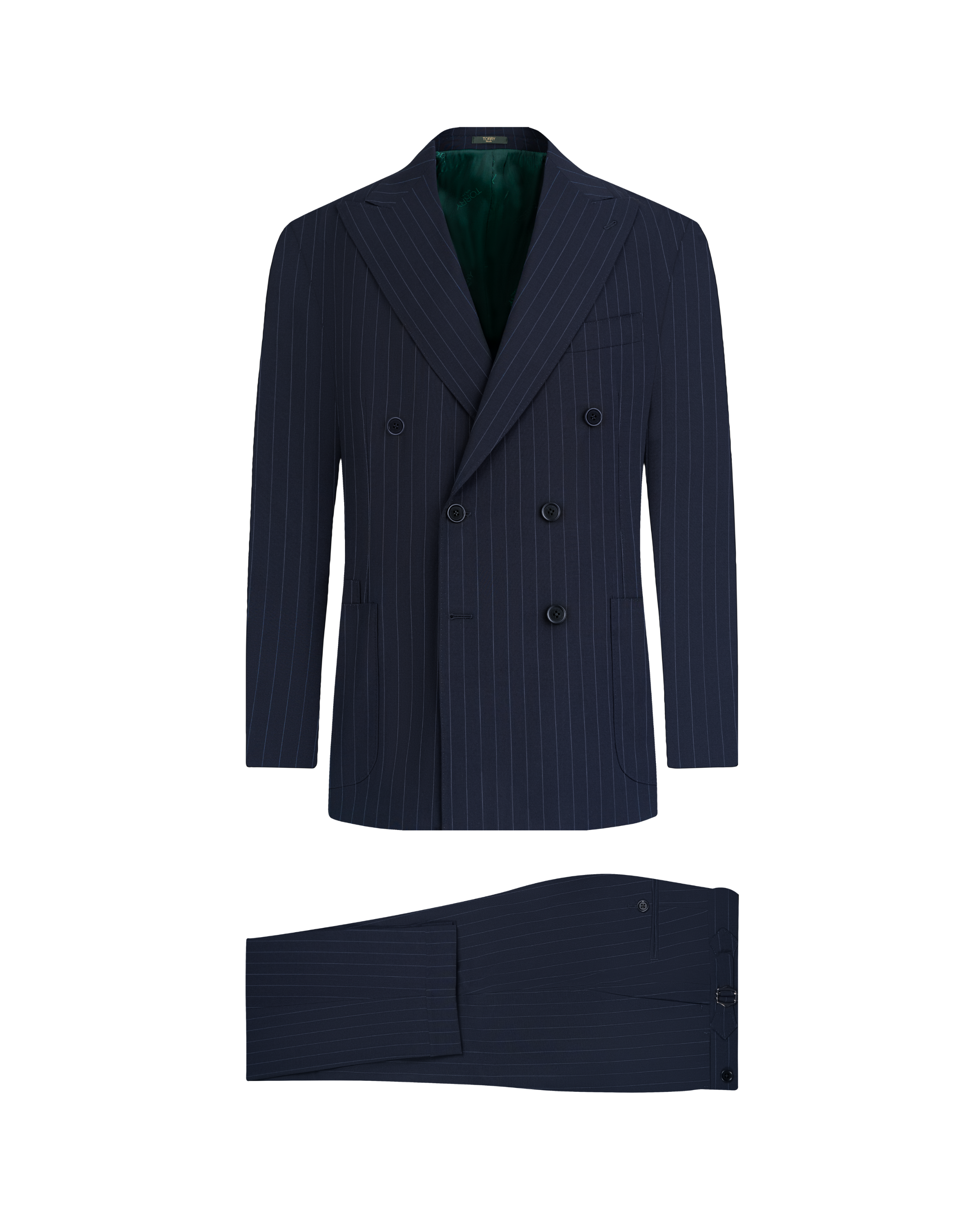 Navy Blue Striped Double Breasted Wool Suit - Green Lining