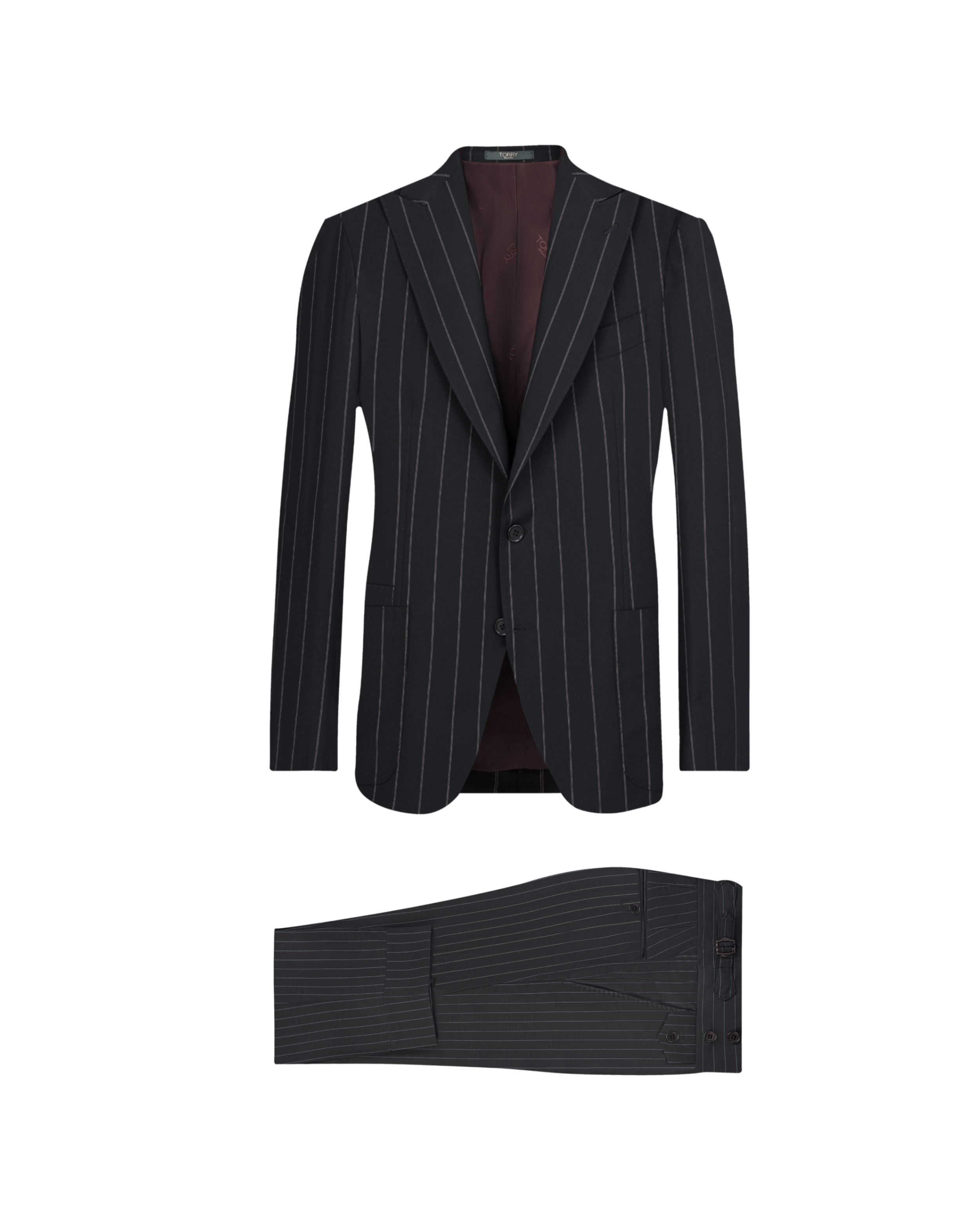 Black Striped Wool Suit - Red Lining