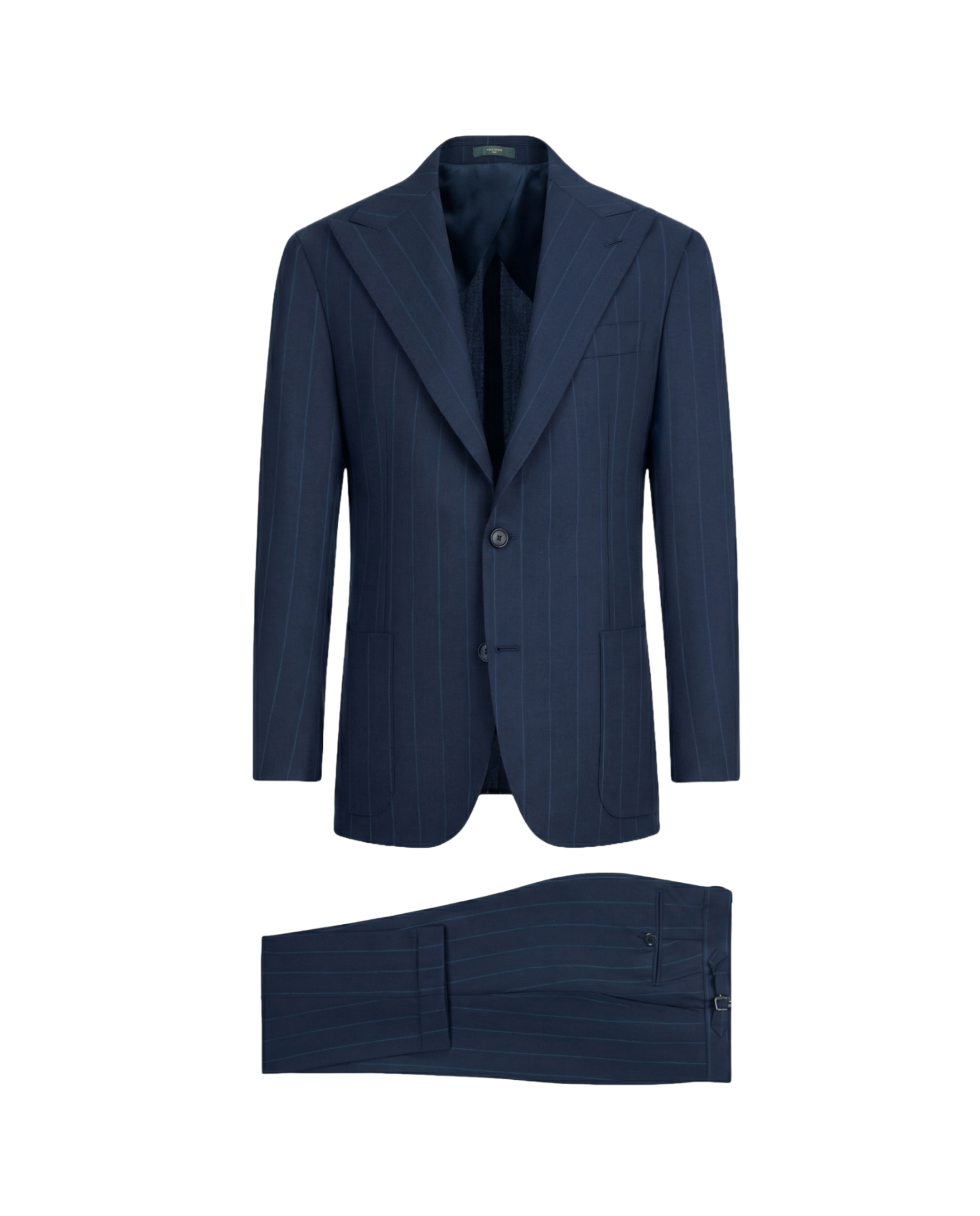 Navy blue suit jacket and pants on a white background