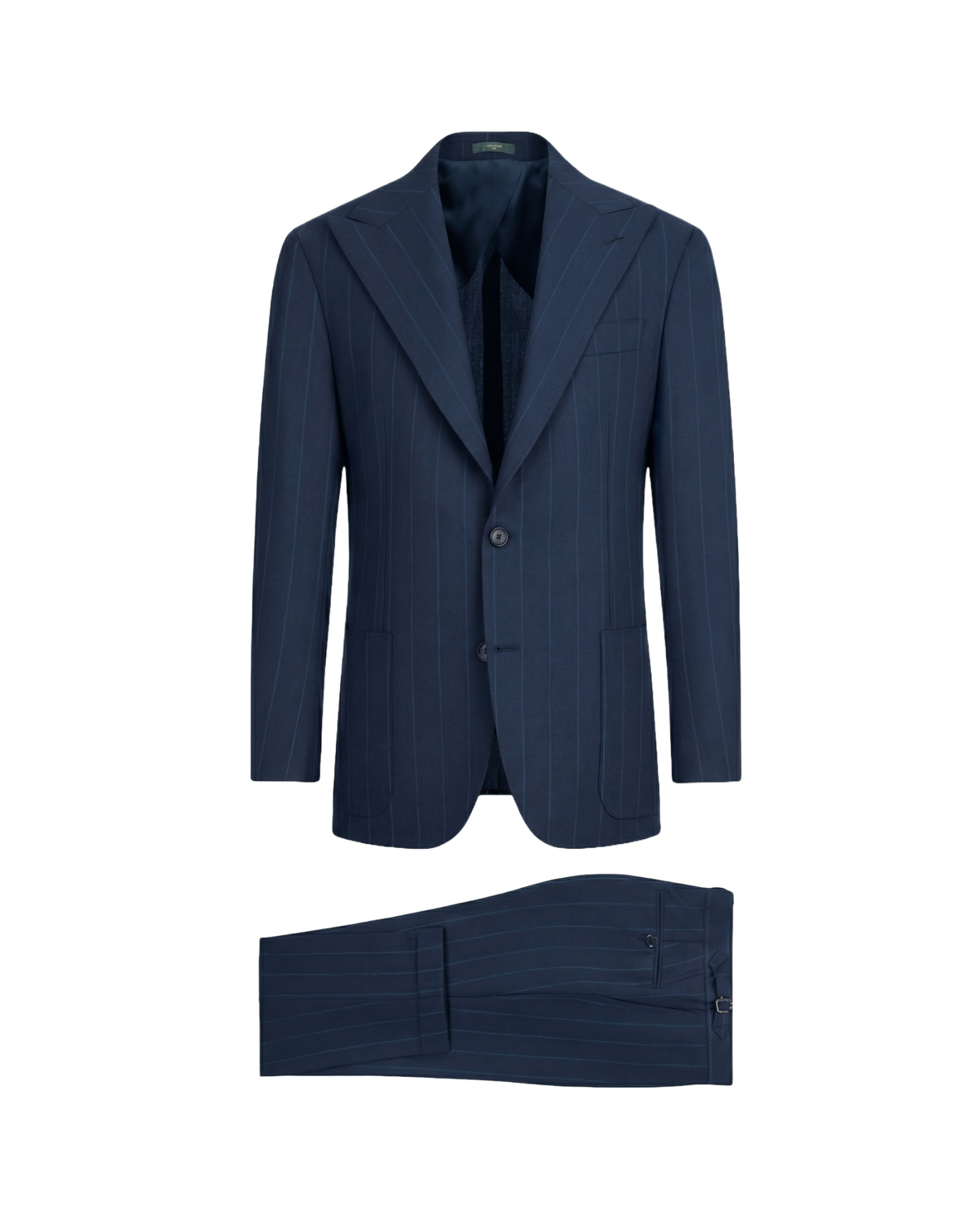 Navy blue suit jacket and pants on a white background