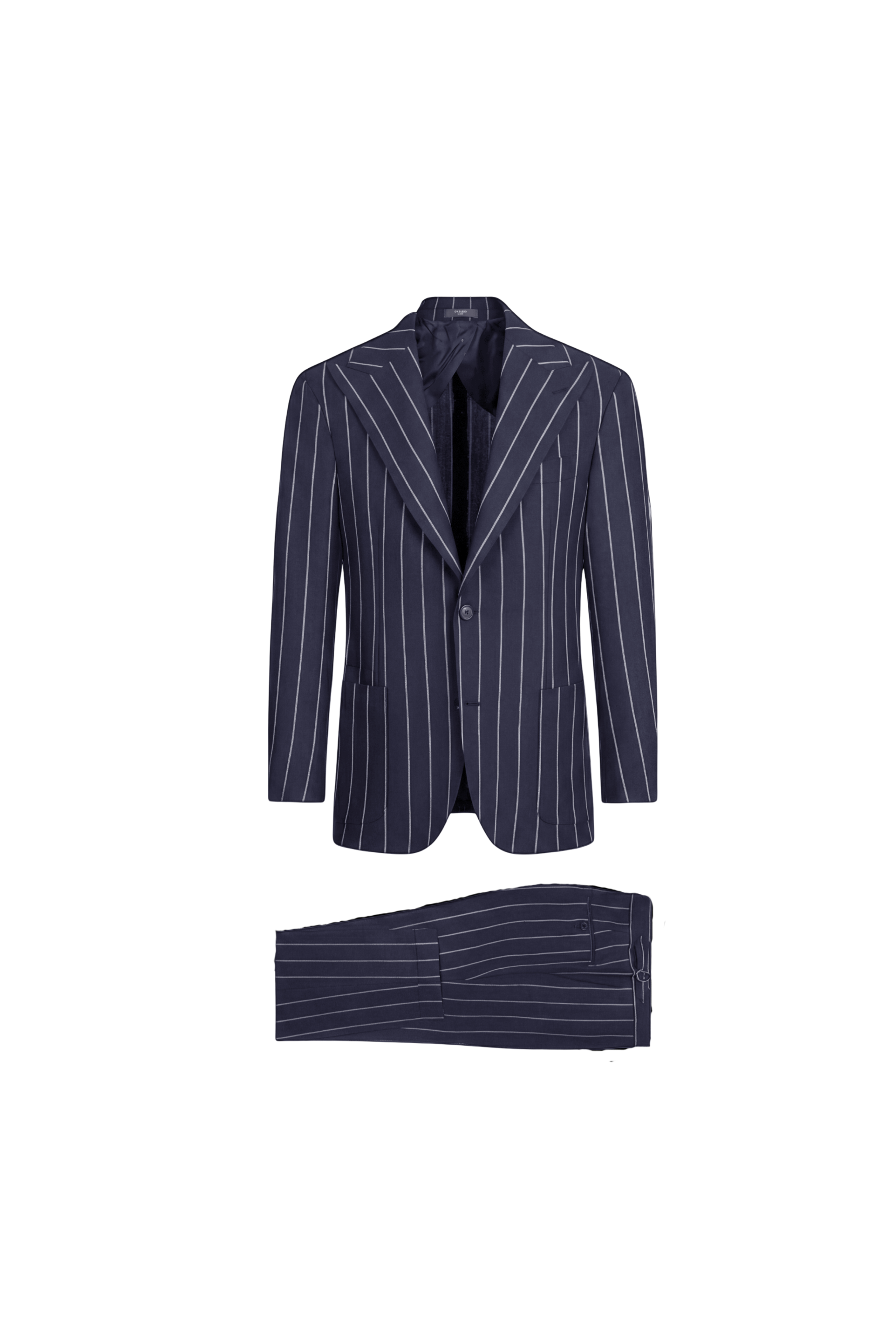 Navy pinstripe suit jacket and pants on a white background