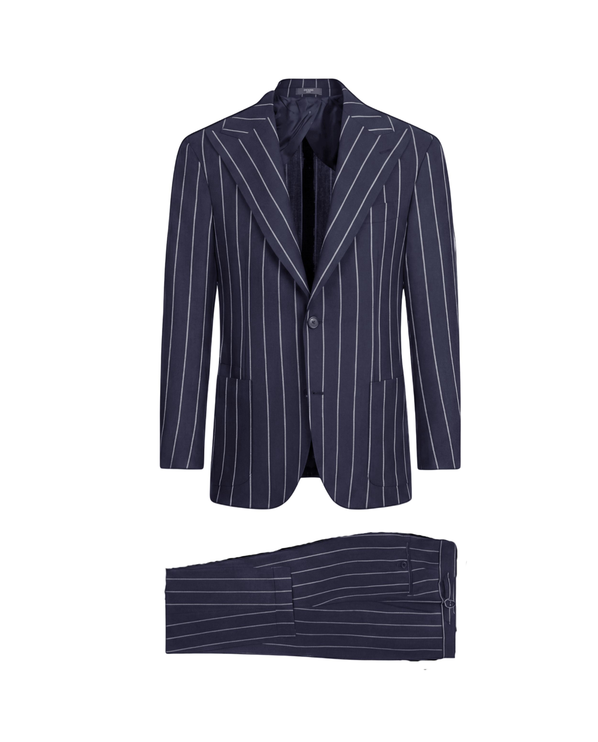 Navy pinstripe suit jacket and pants on a white background