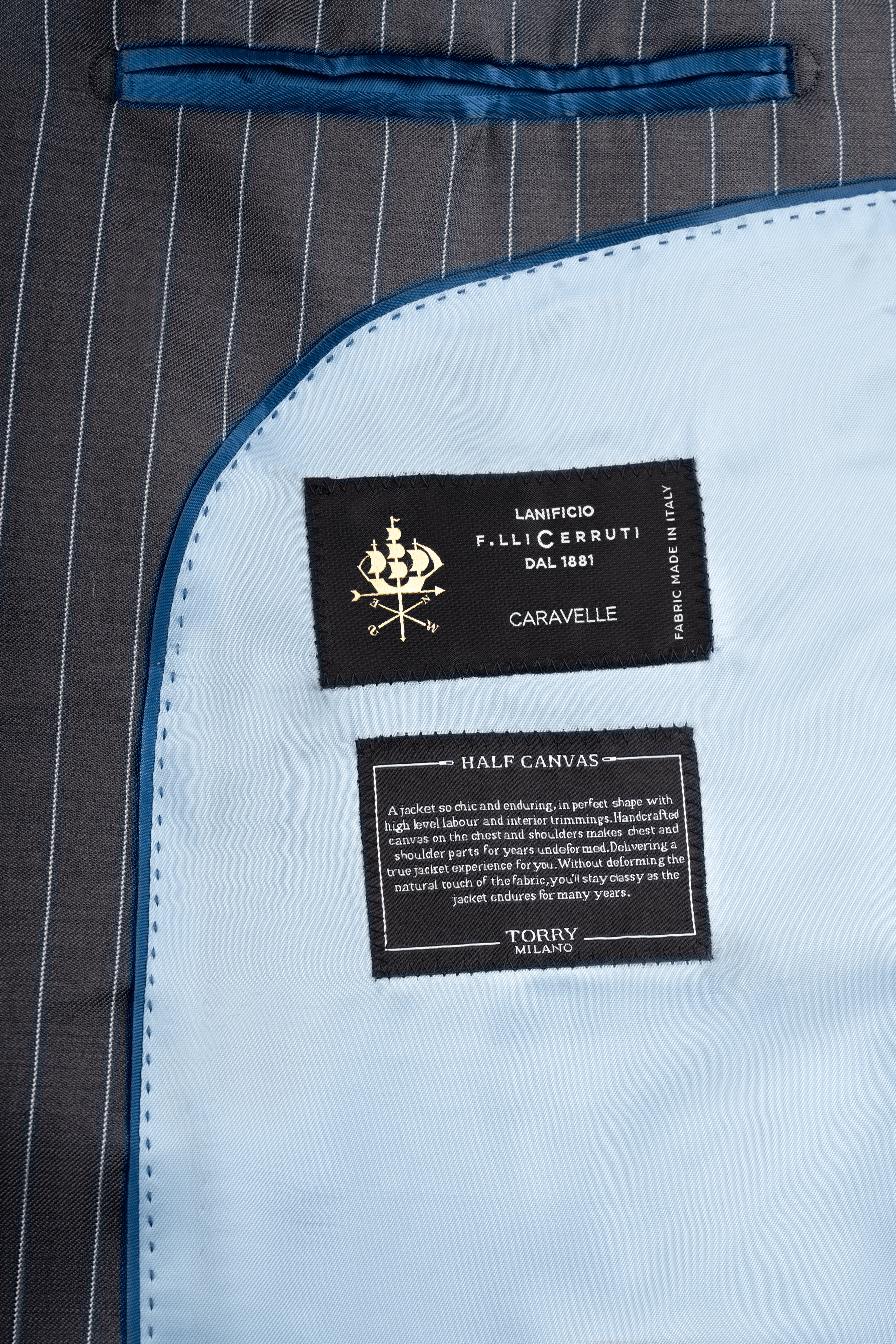 Black Striped Wool Suit - Blue Lining
