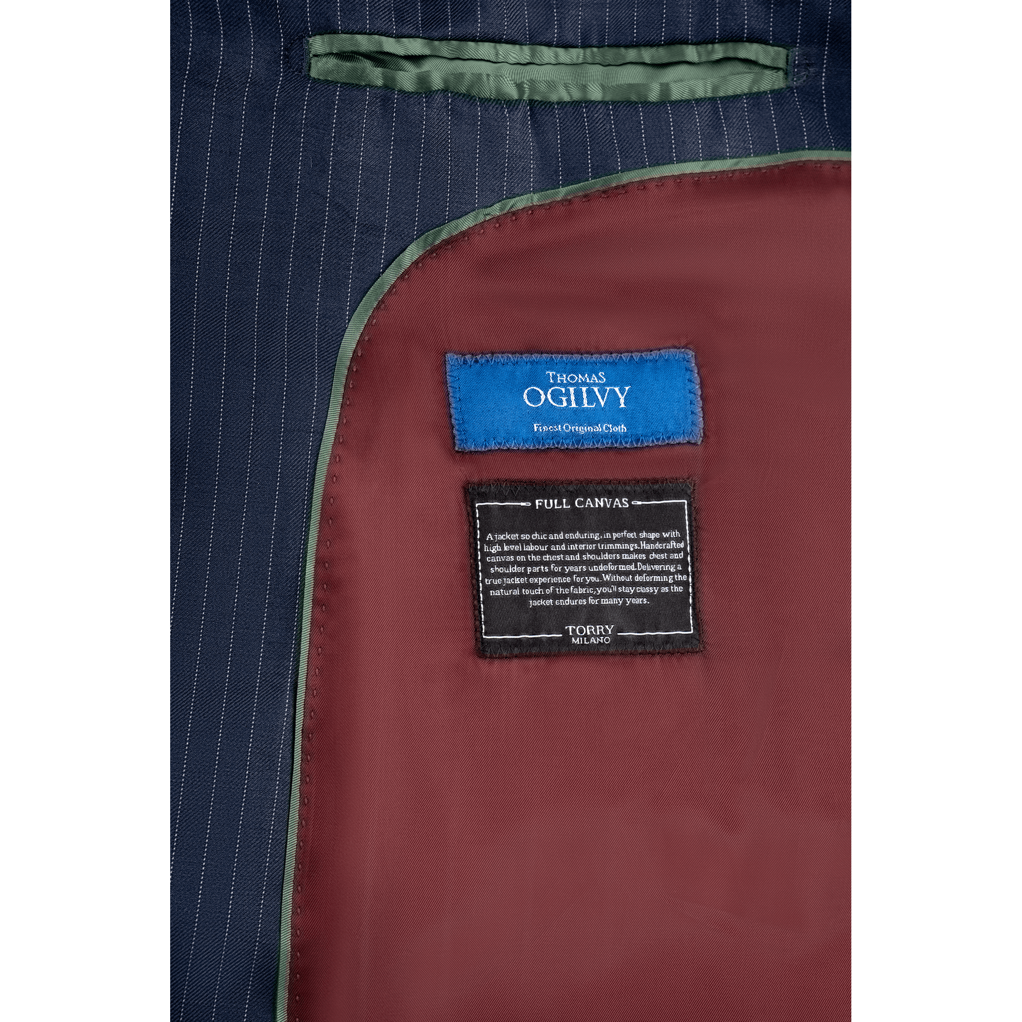 Navy Blue Striped Wool Suit - Red Lining