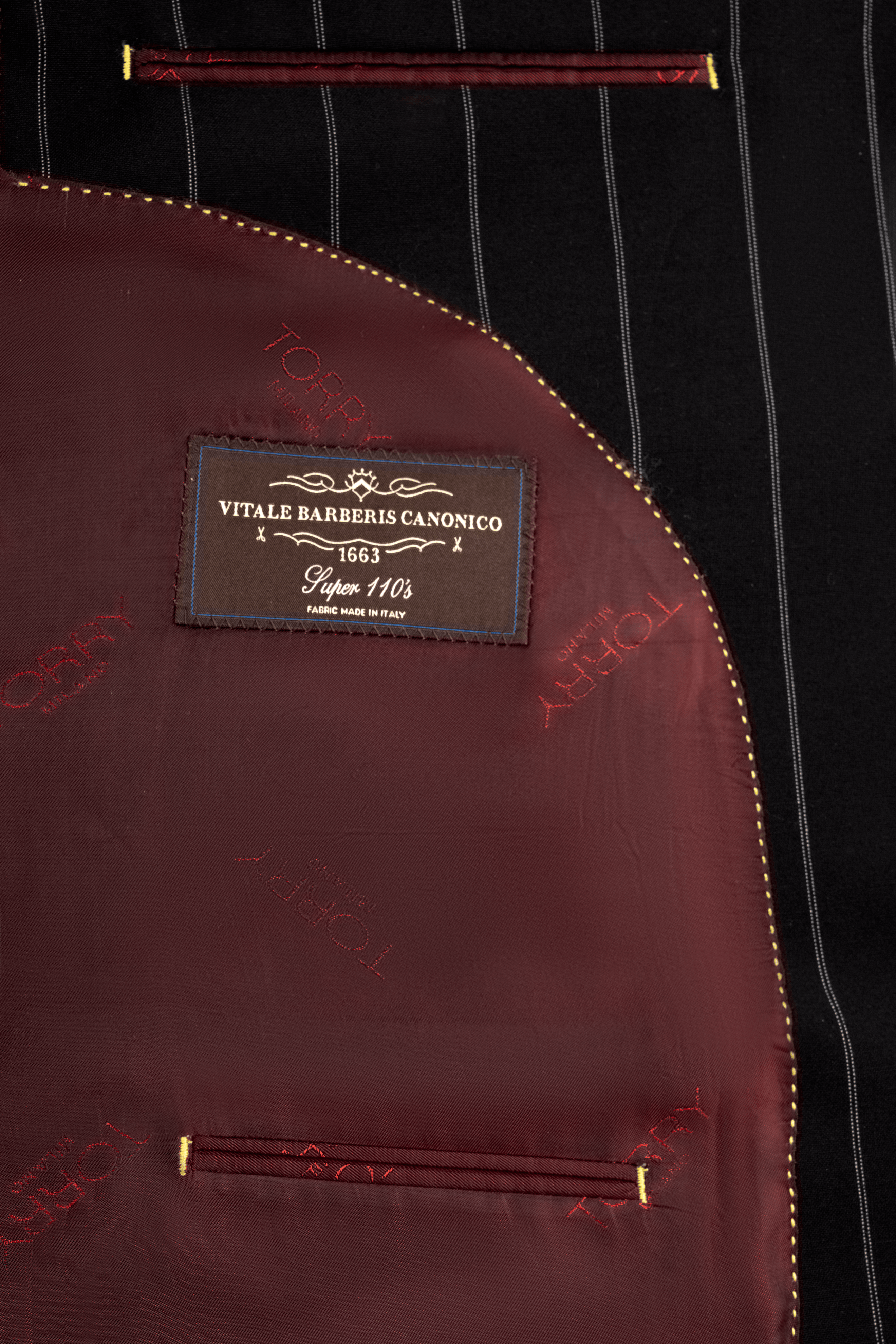 Black Striped Wool Suit - Red Lining