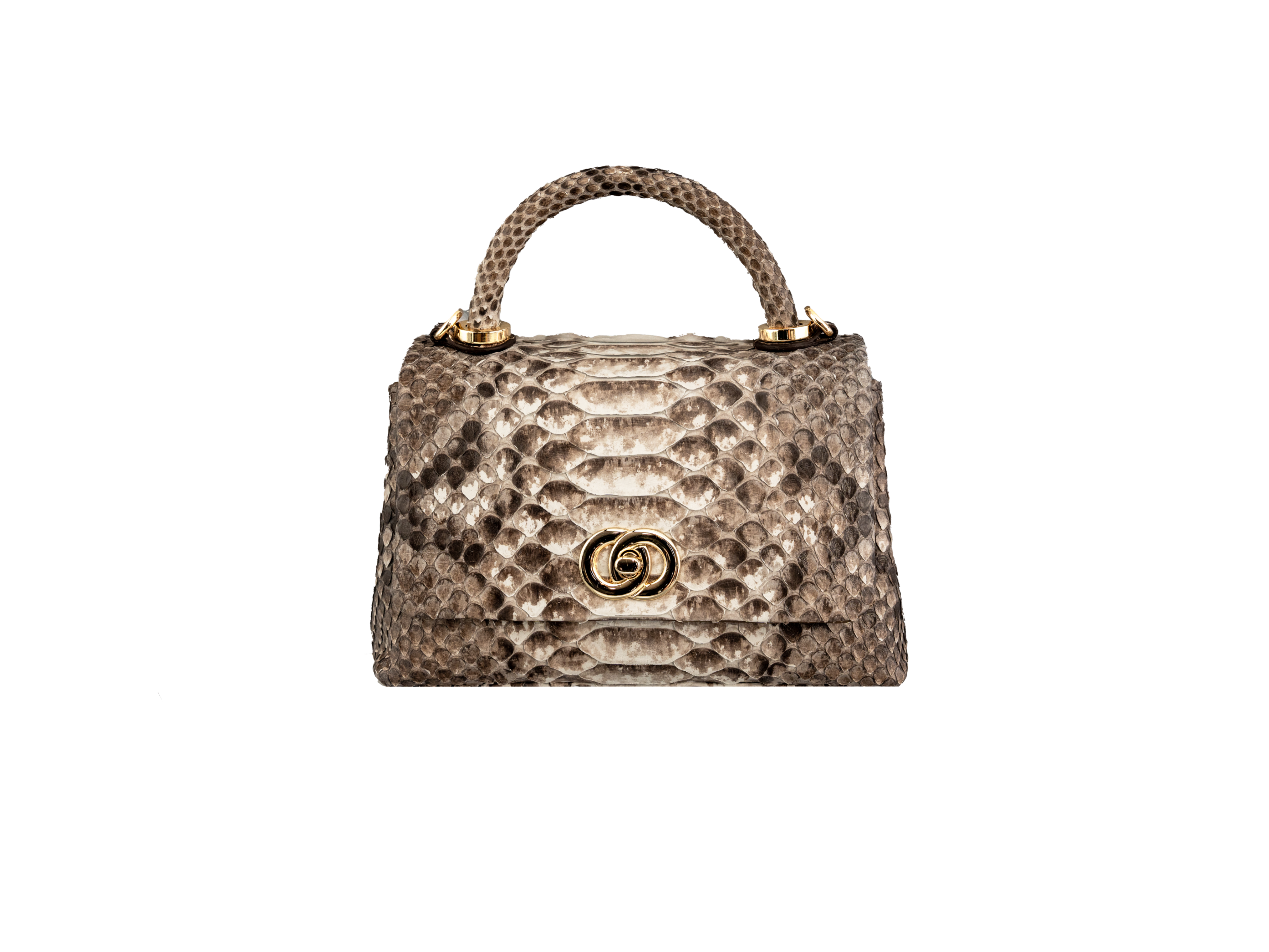 Designer handbag with snake skin pattern on a white background