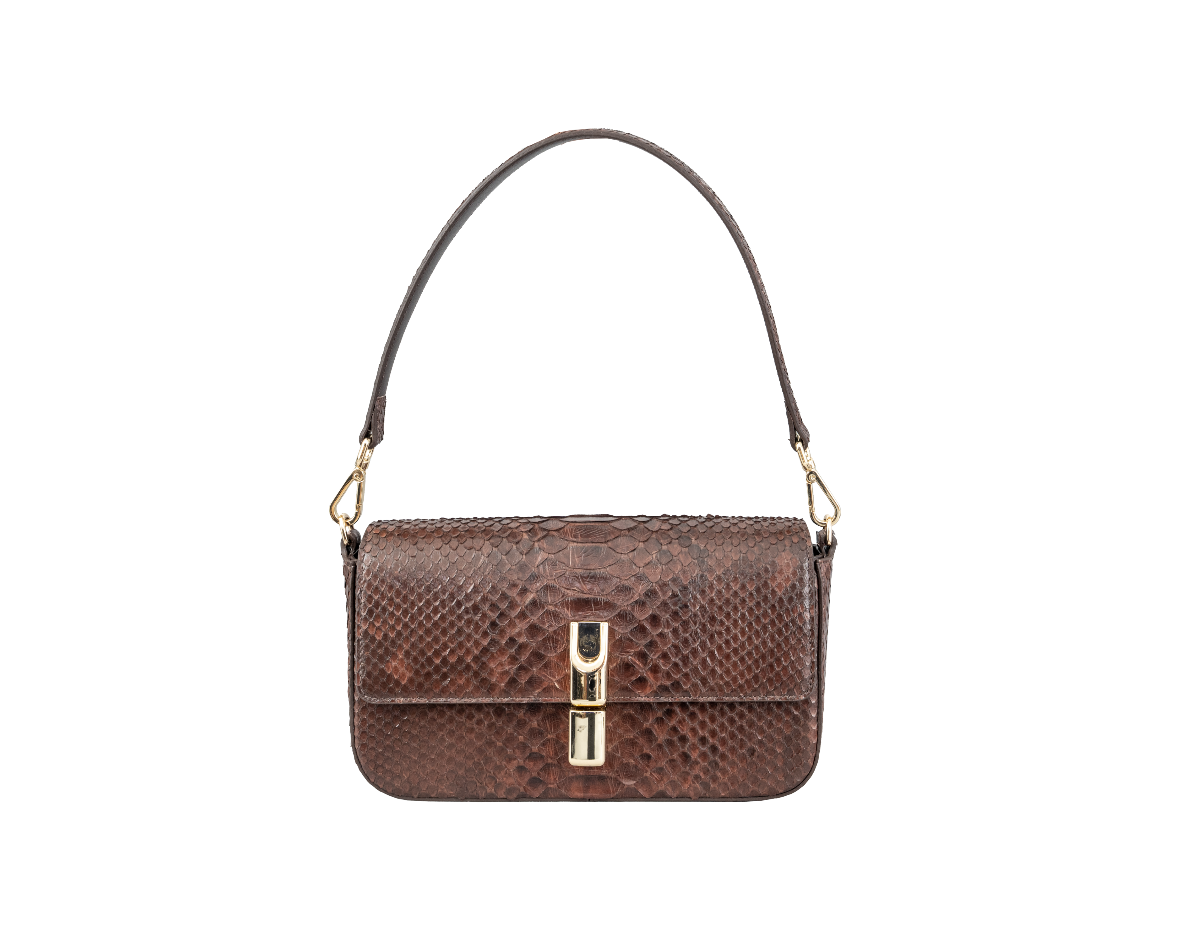 Brown snakeskin handbag with gold accents on a white background
