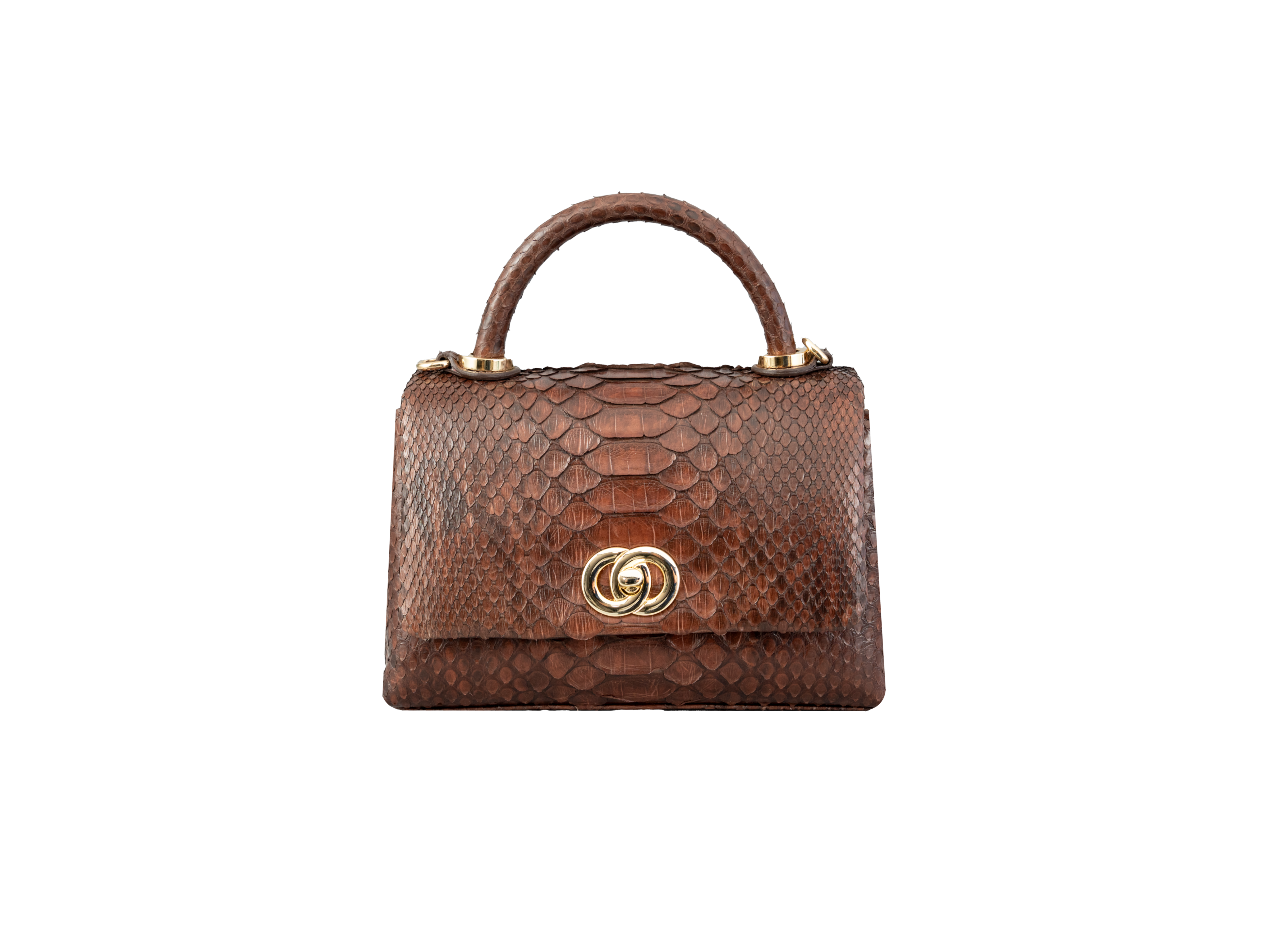 Brown textured handbag with gold accents on a white background