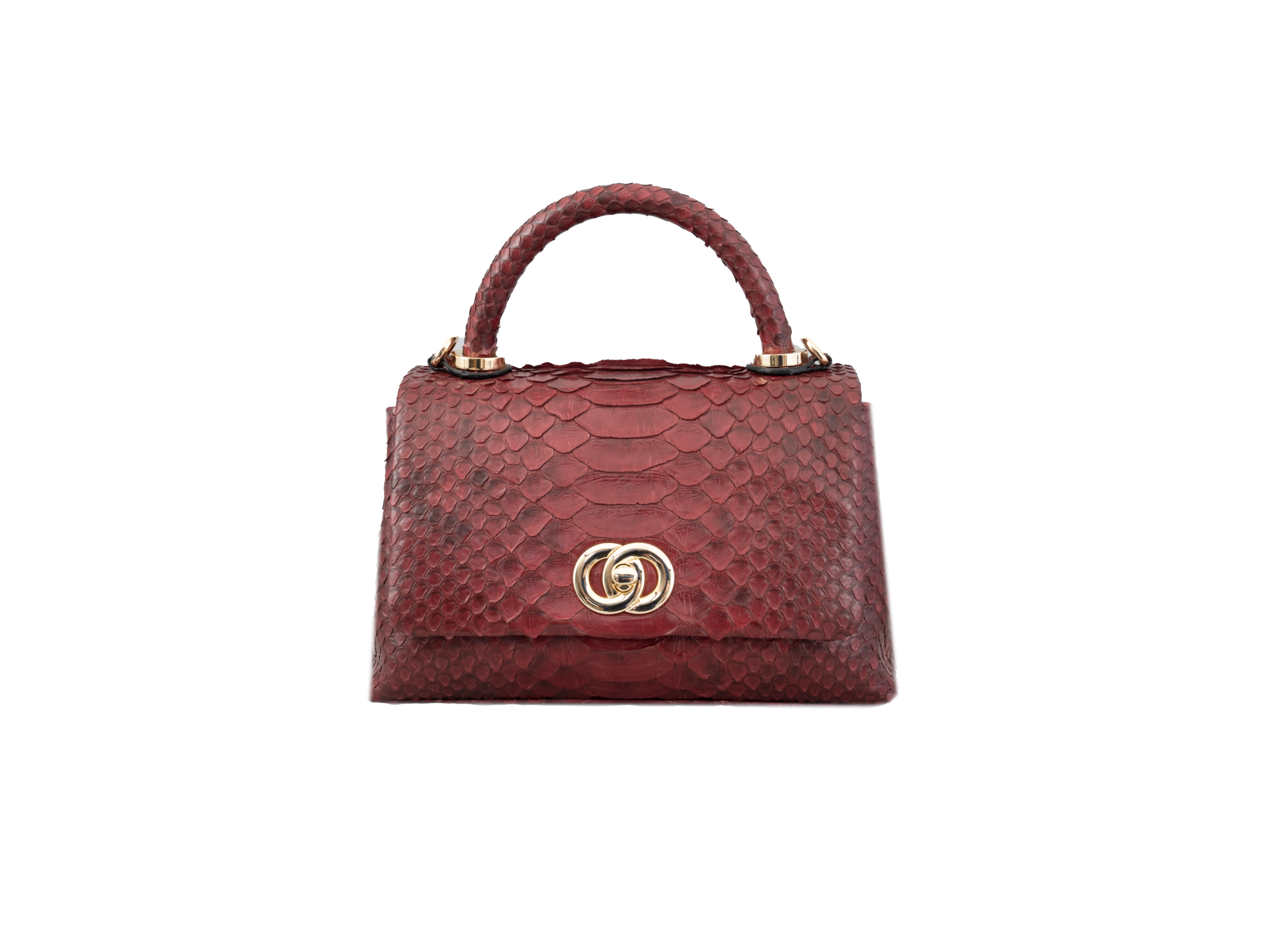 Red textured handbag with a gold logo on a white background