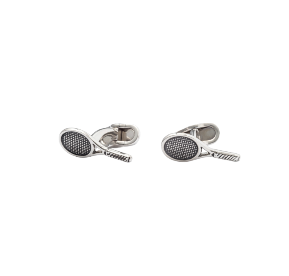 Silver tennis racket-shaped cufflinks on a white background