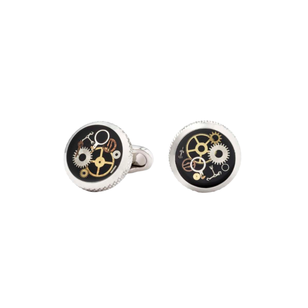 Cufflinks with mechanical design on a white background