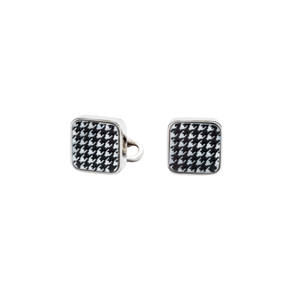 Pair of square cufflinks with houndstooth pattern on a white background