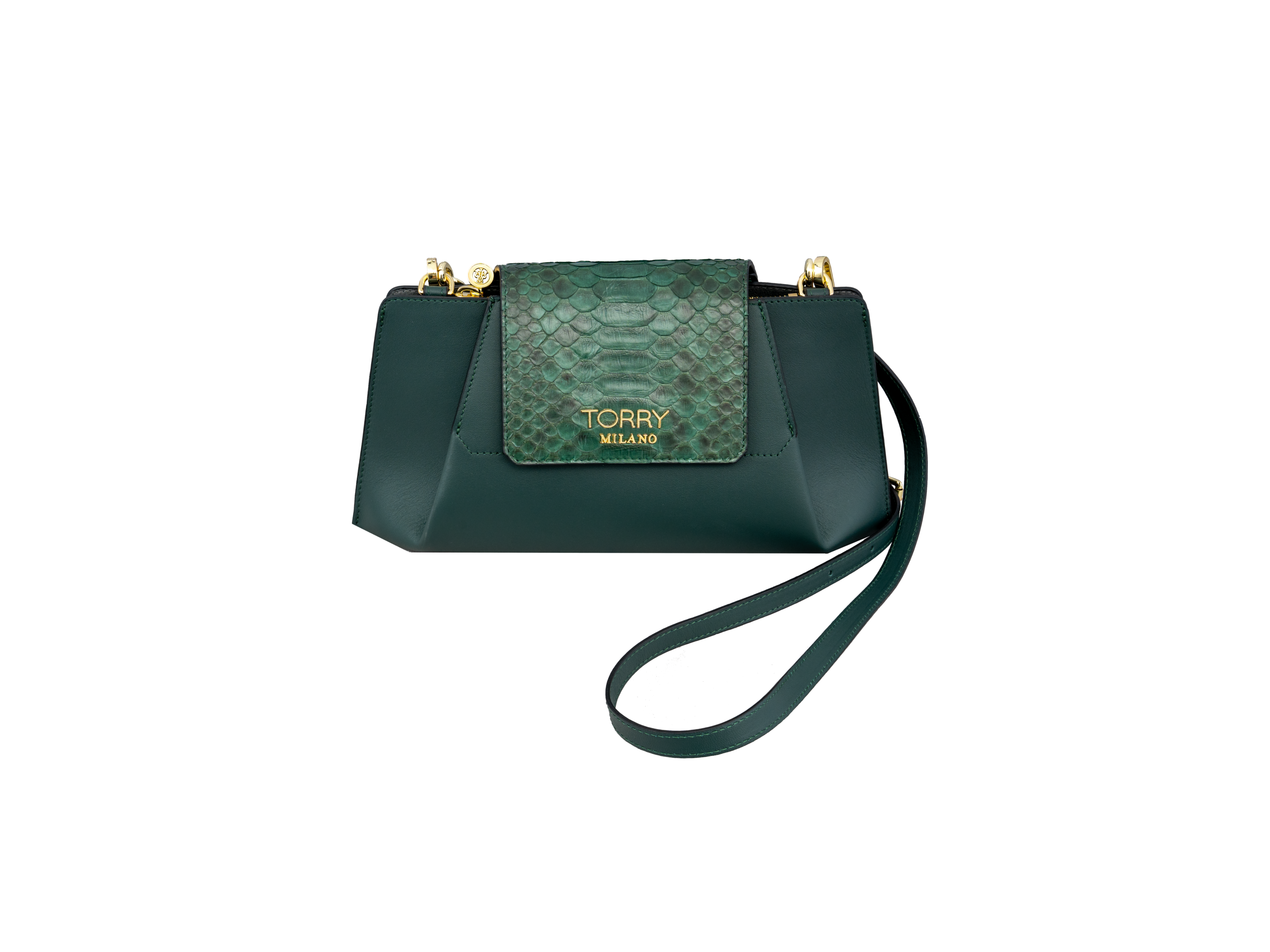 Green handbag with gold accents and 'Torry Milano' logo on a white background