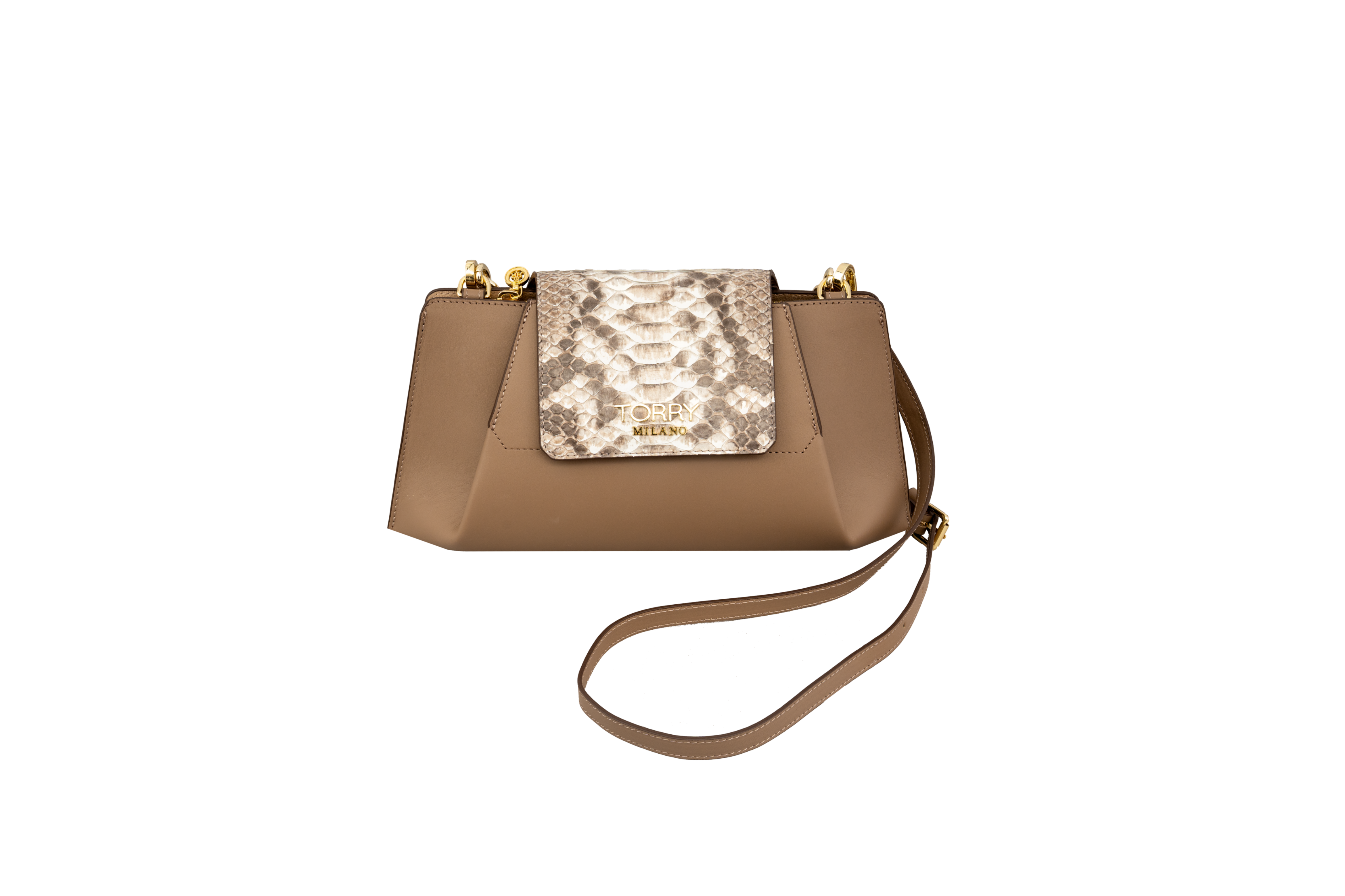 Brown handbag with a snakeskin pattern on a white background