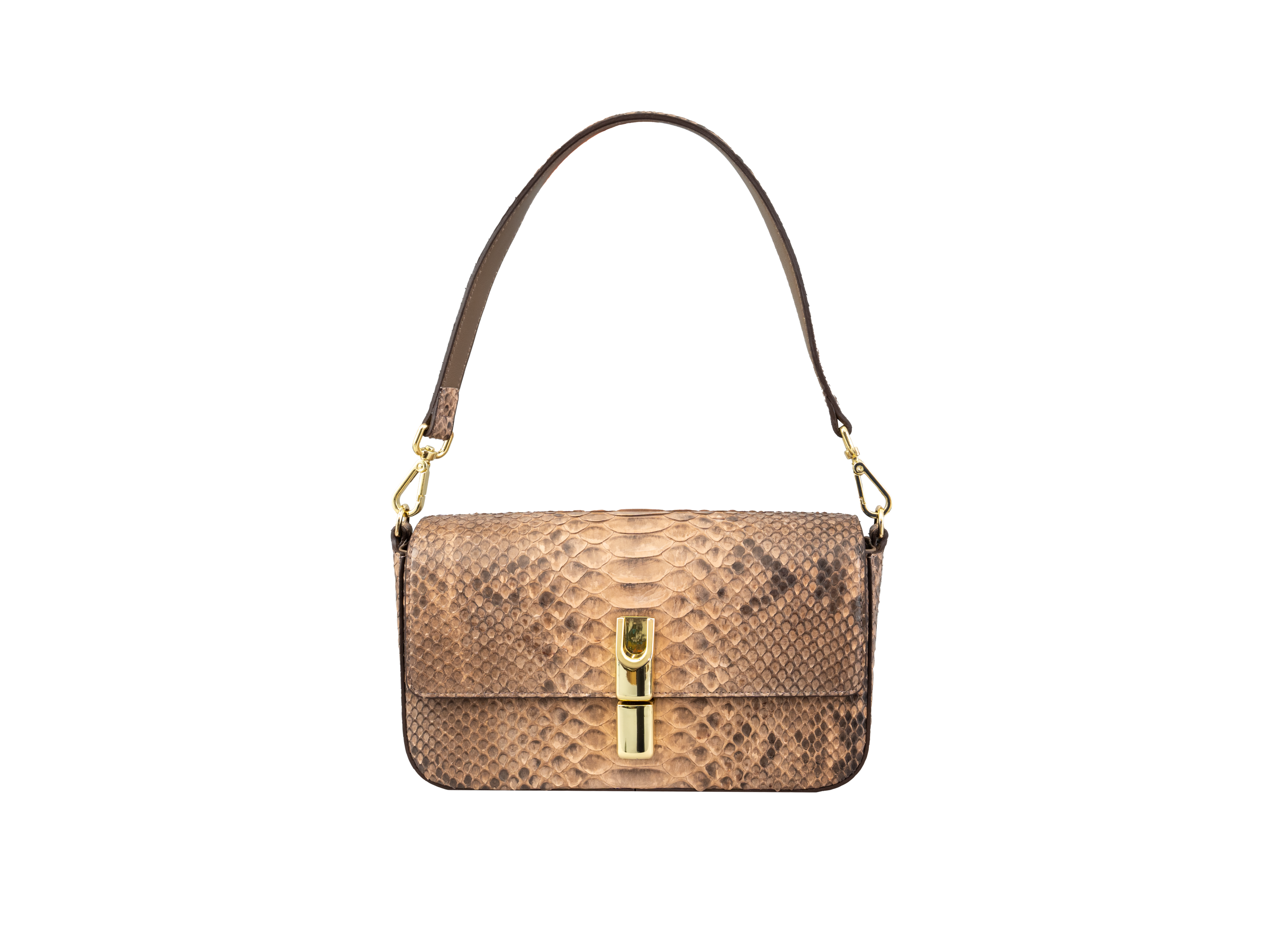 Brown snake skin patterned handbag with gold accents on a white background