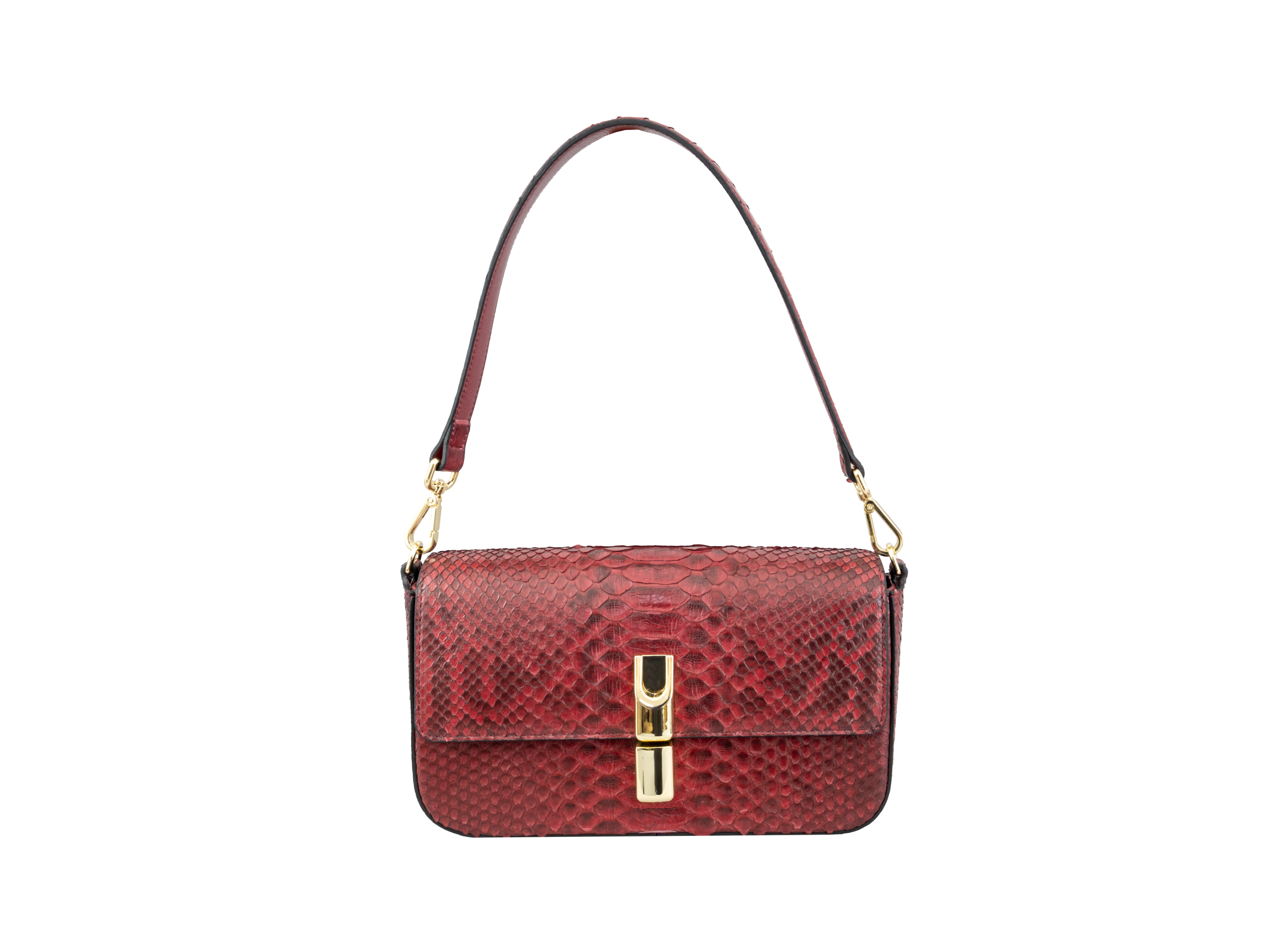Red handbag with gold accents on a white background
