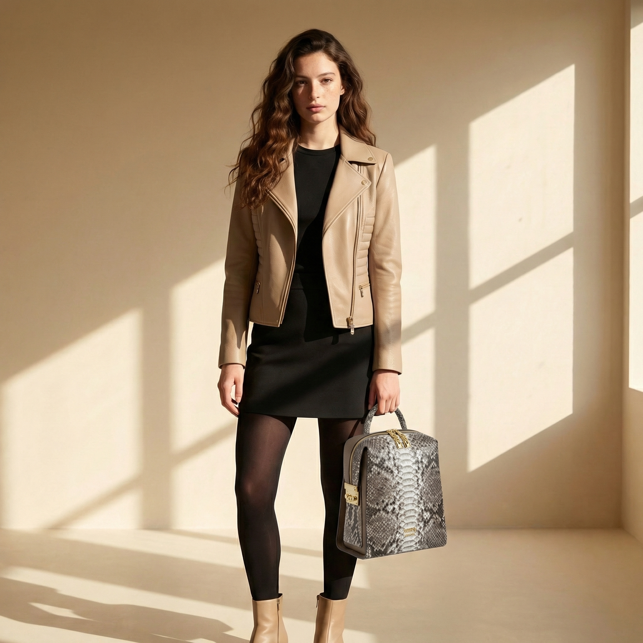 Beige Leather Biker Jacket