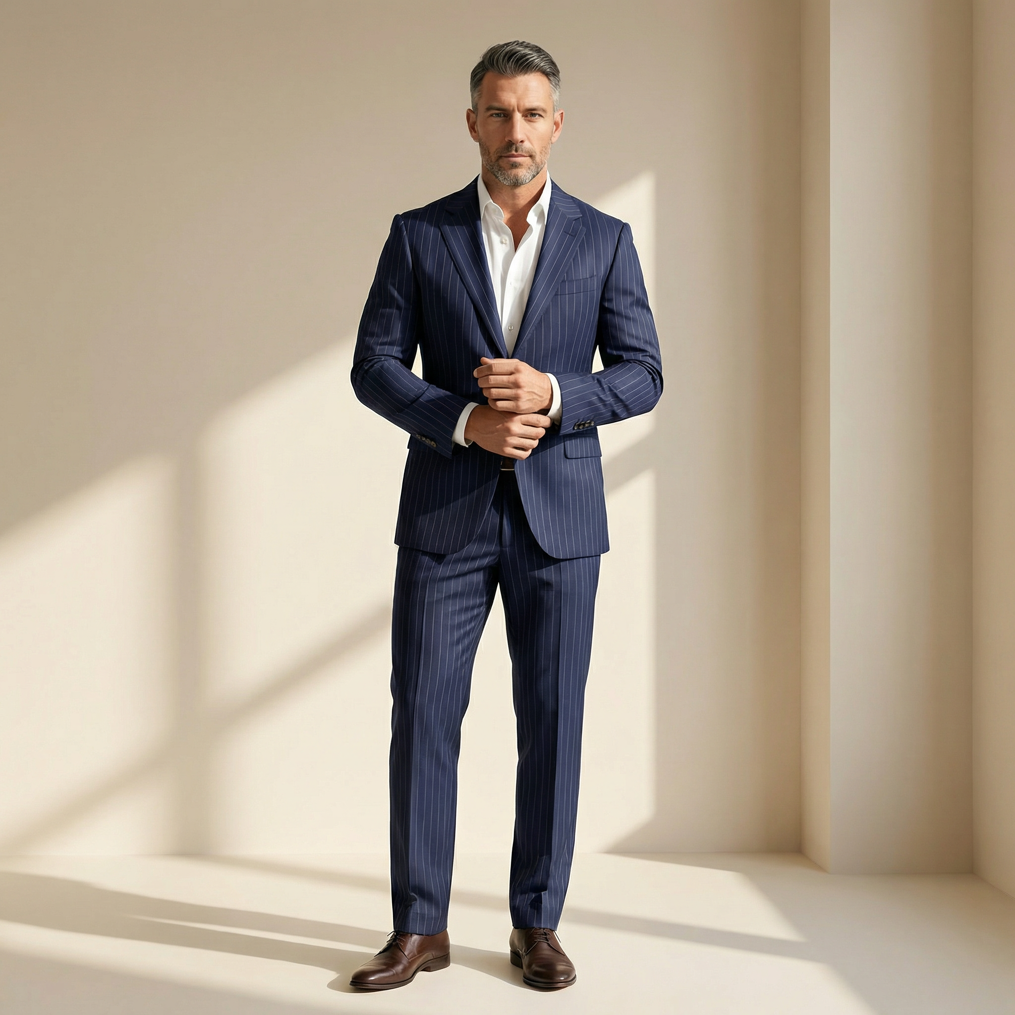 Navy Blue Striped Wool Suit - Black Lining