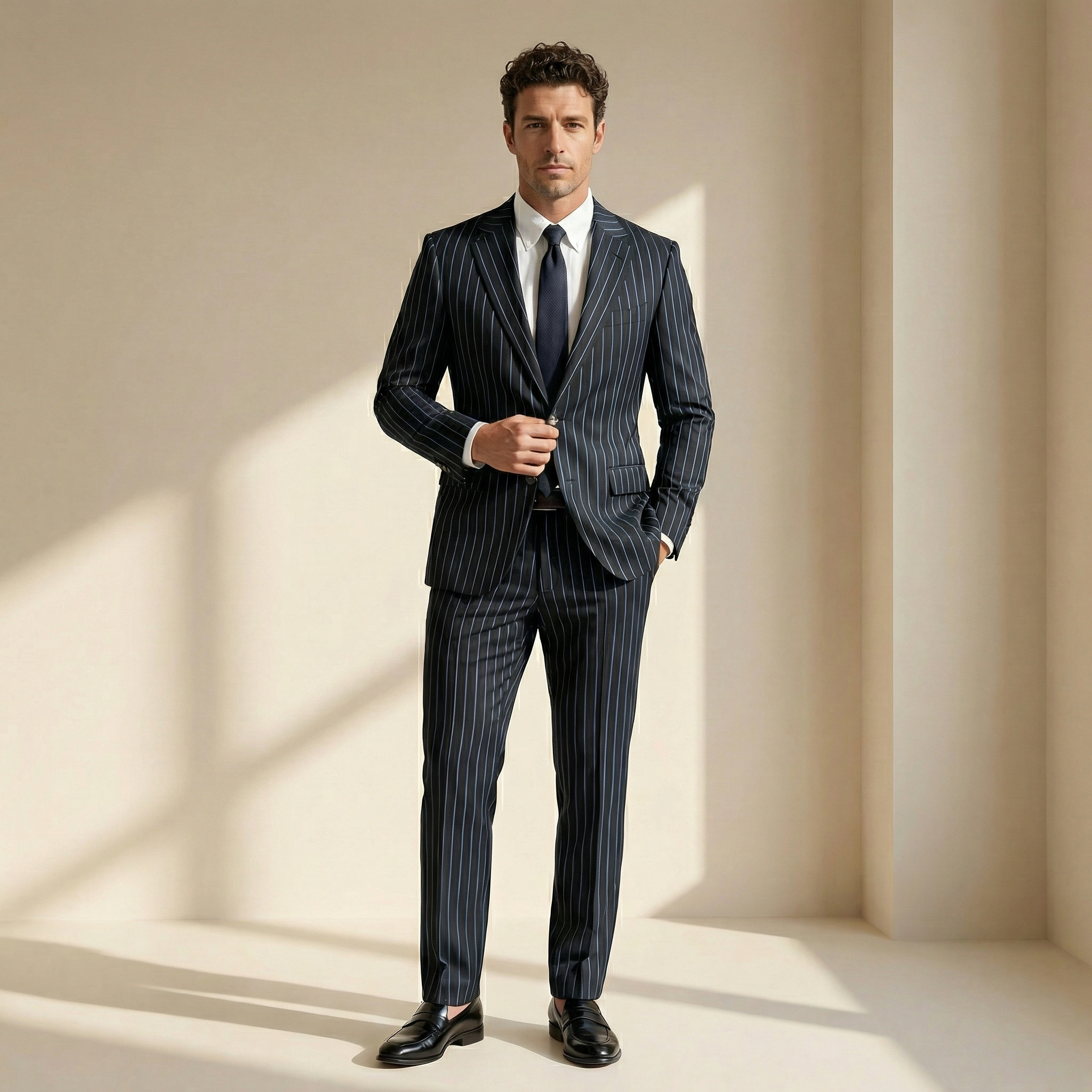Black Striped Wool Suit - Blue Lining
