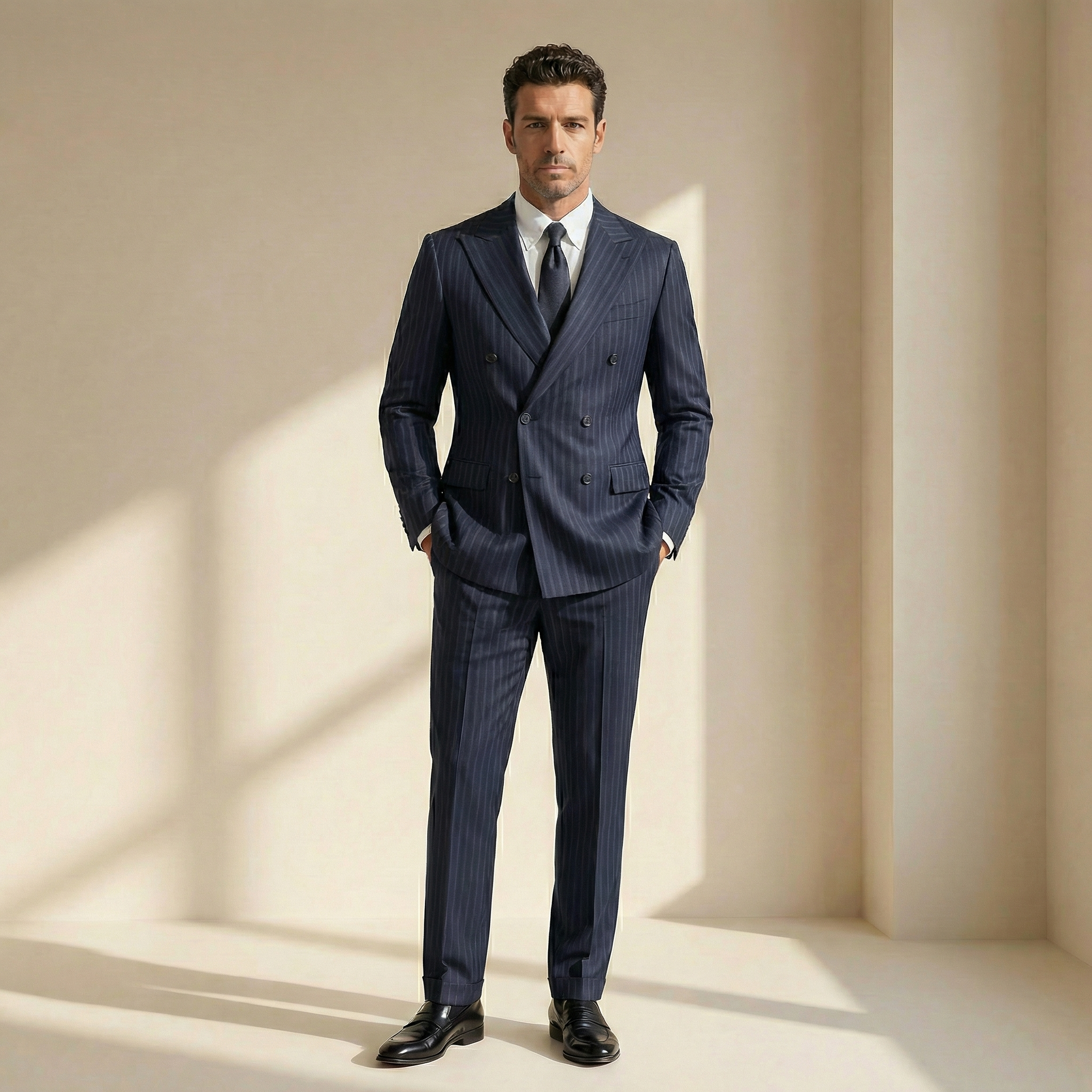 Navy Blue Striped Double Breasted Wool Suit - Red Lining