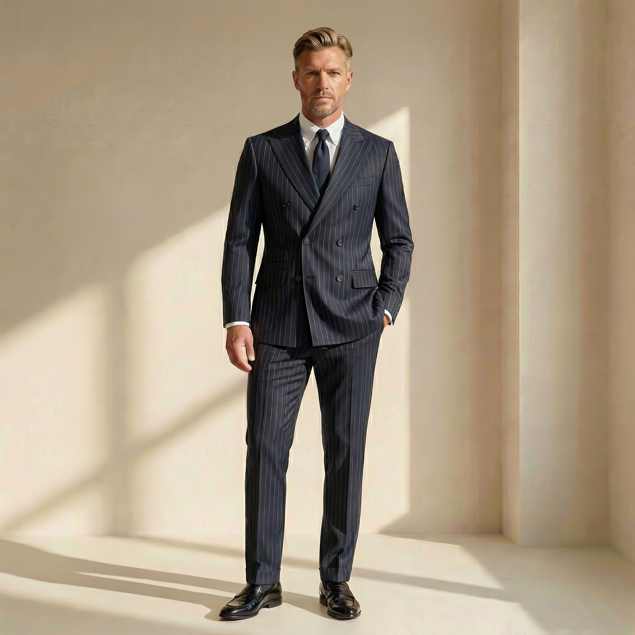 Navy Blue Striped Double Breasted Suit