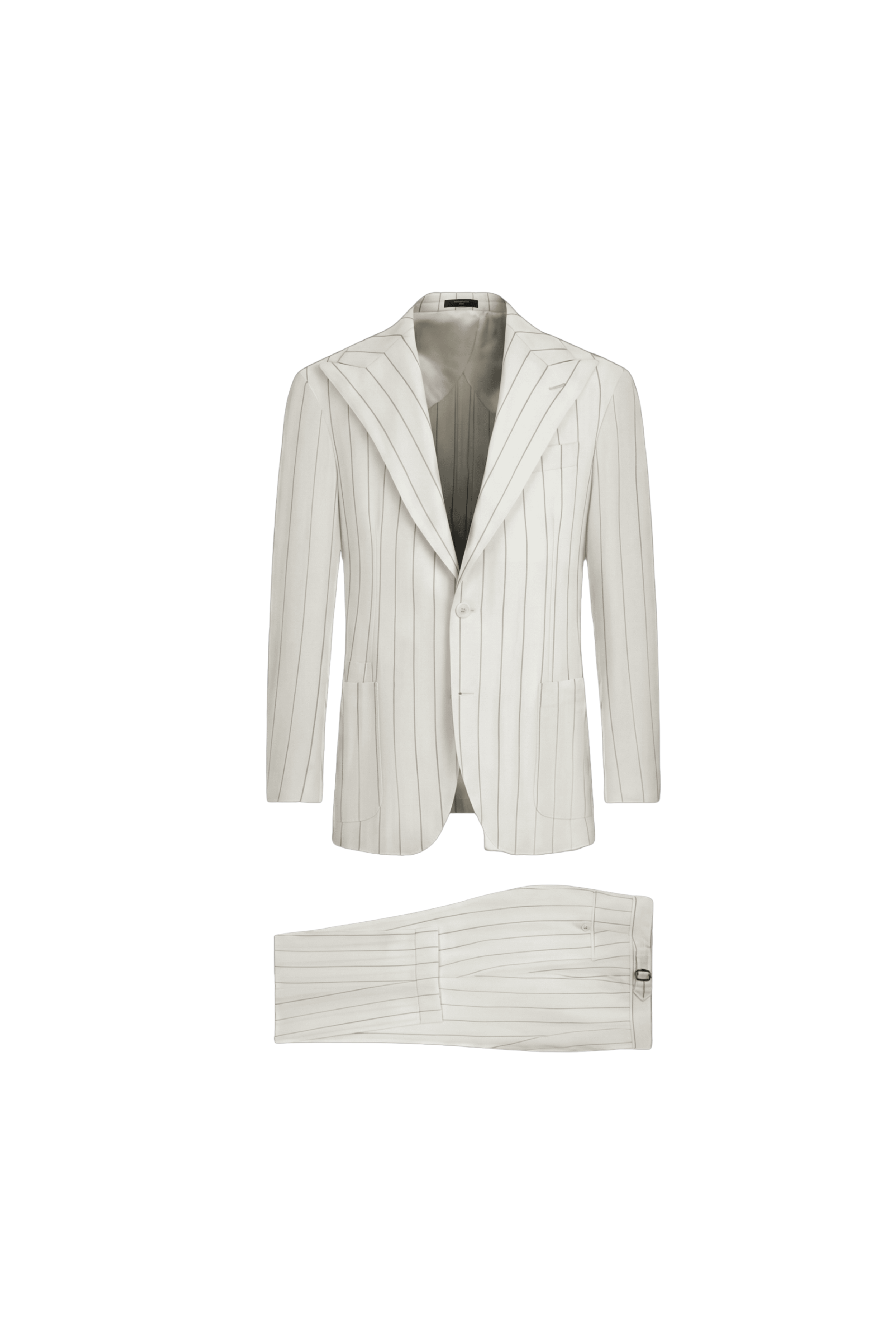 White pinstripe suit jacket and pants on a white background