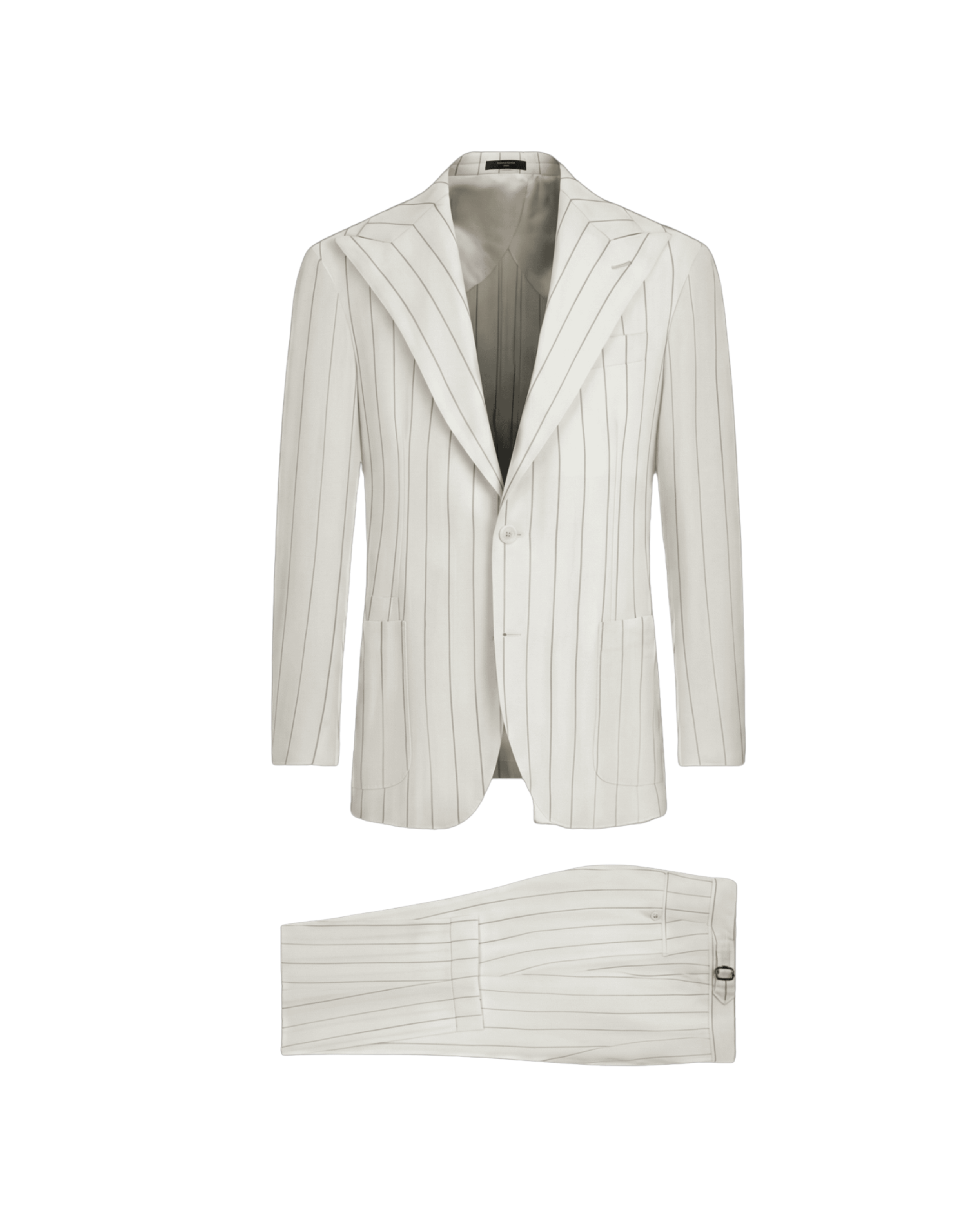 White pinstripe suit jacket and pants on a white background