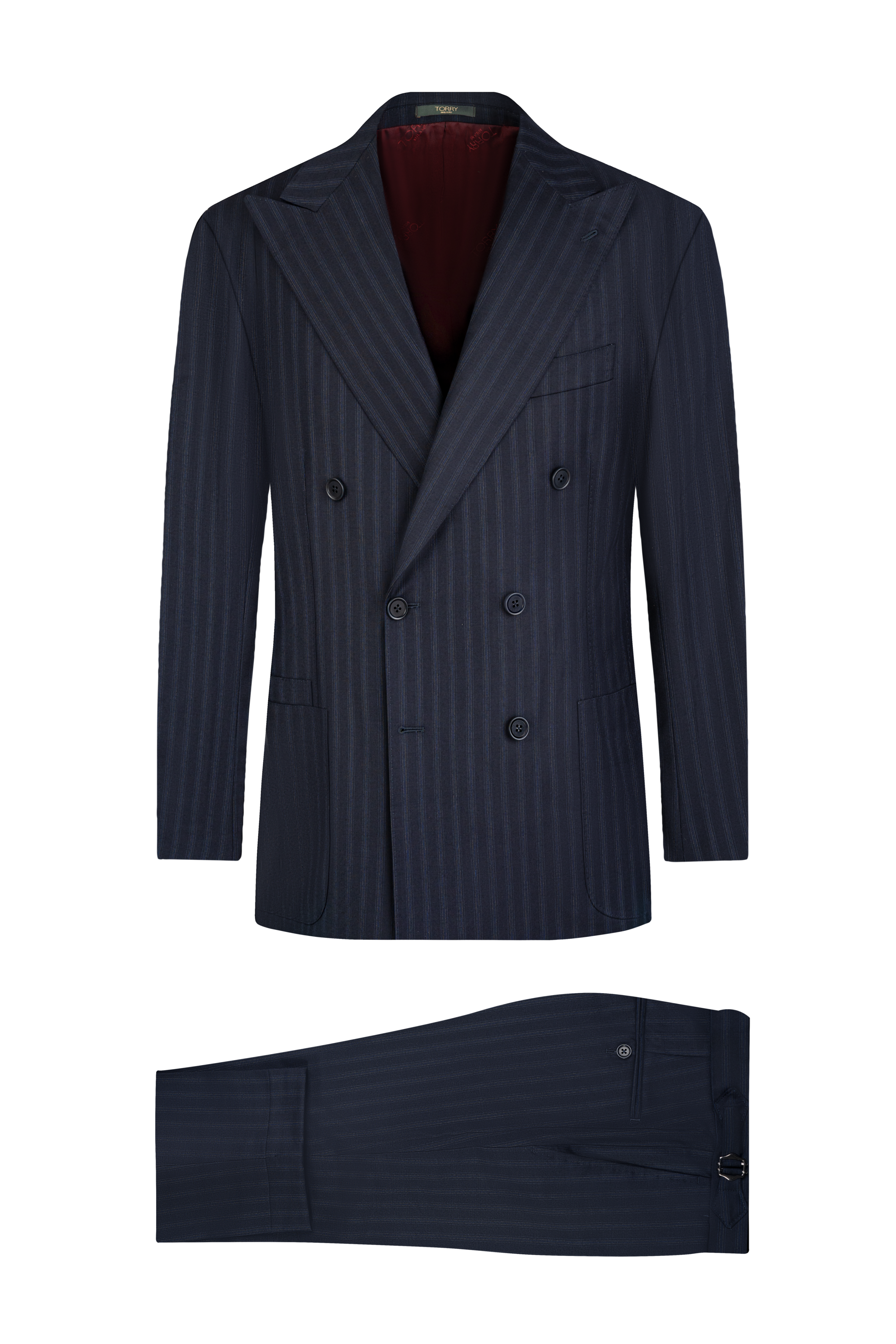 Navy Blue Striped Double Breasted Wool Suit