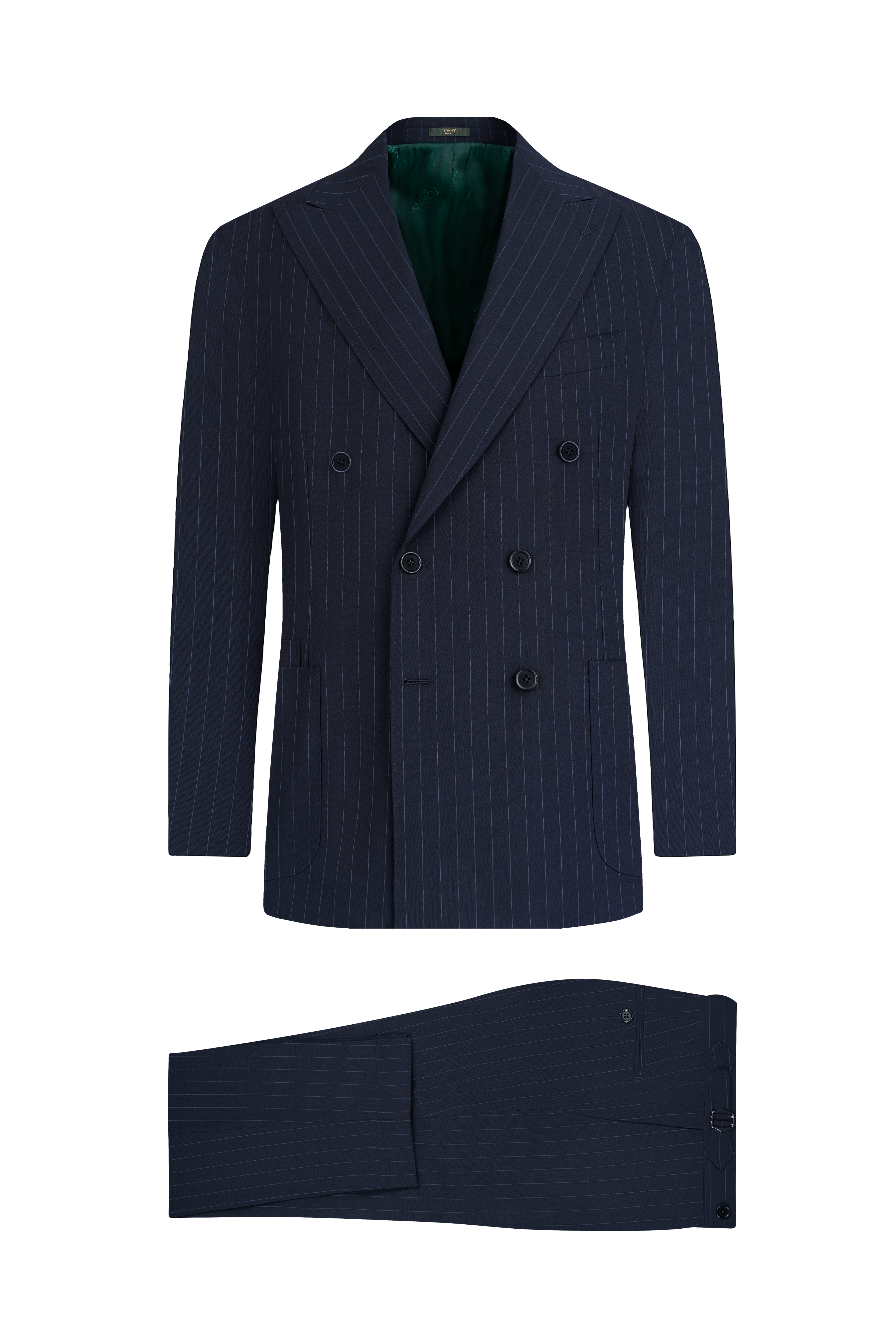Navy Blue Striped Double Breasted Wool Suit