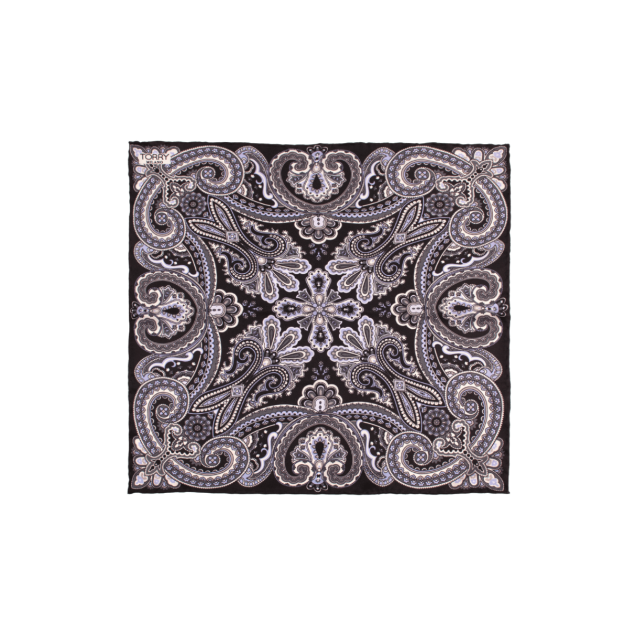 Black bandana with white paisley pattern on a white background