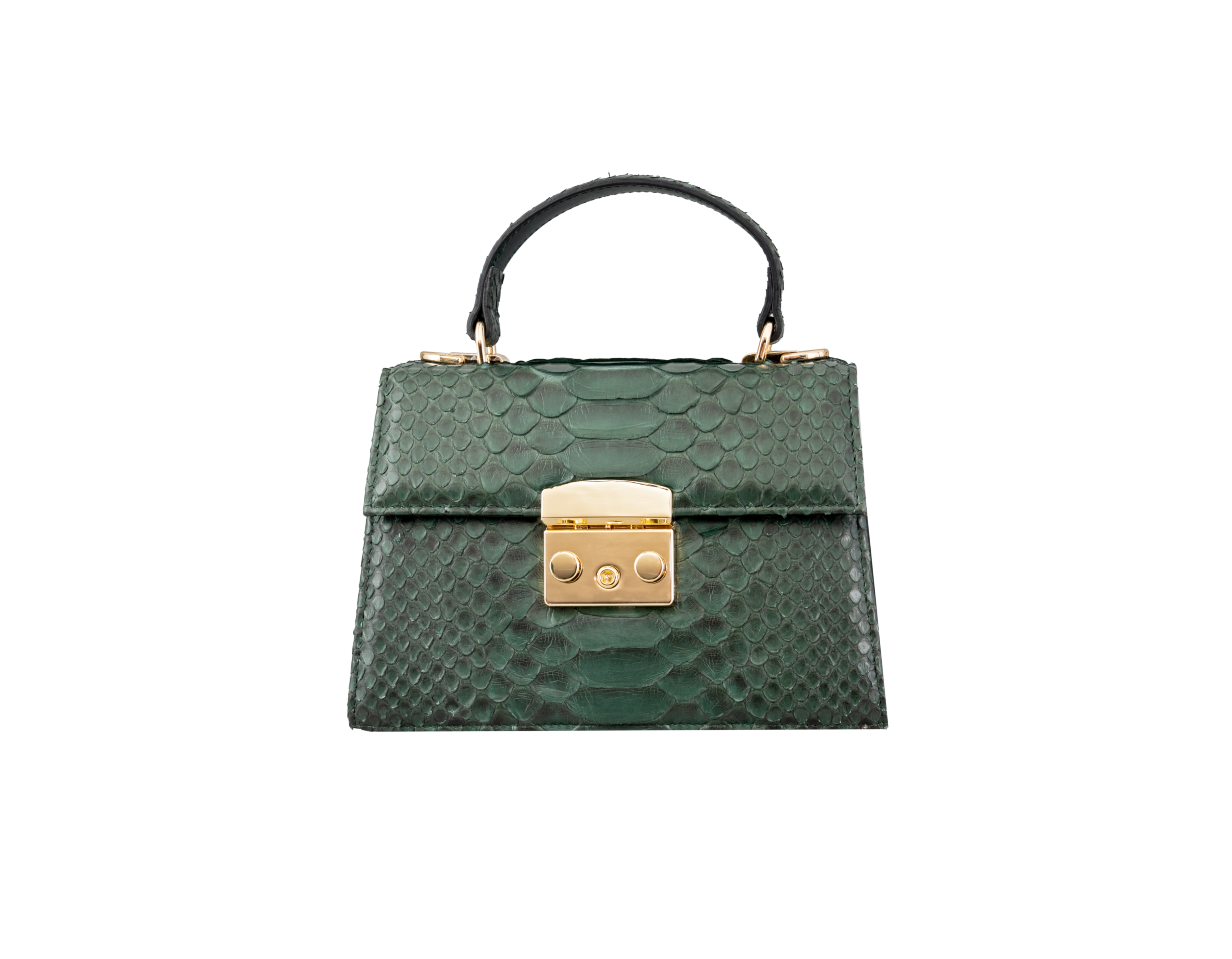 Green textured handbag with a gold clasp on a white background