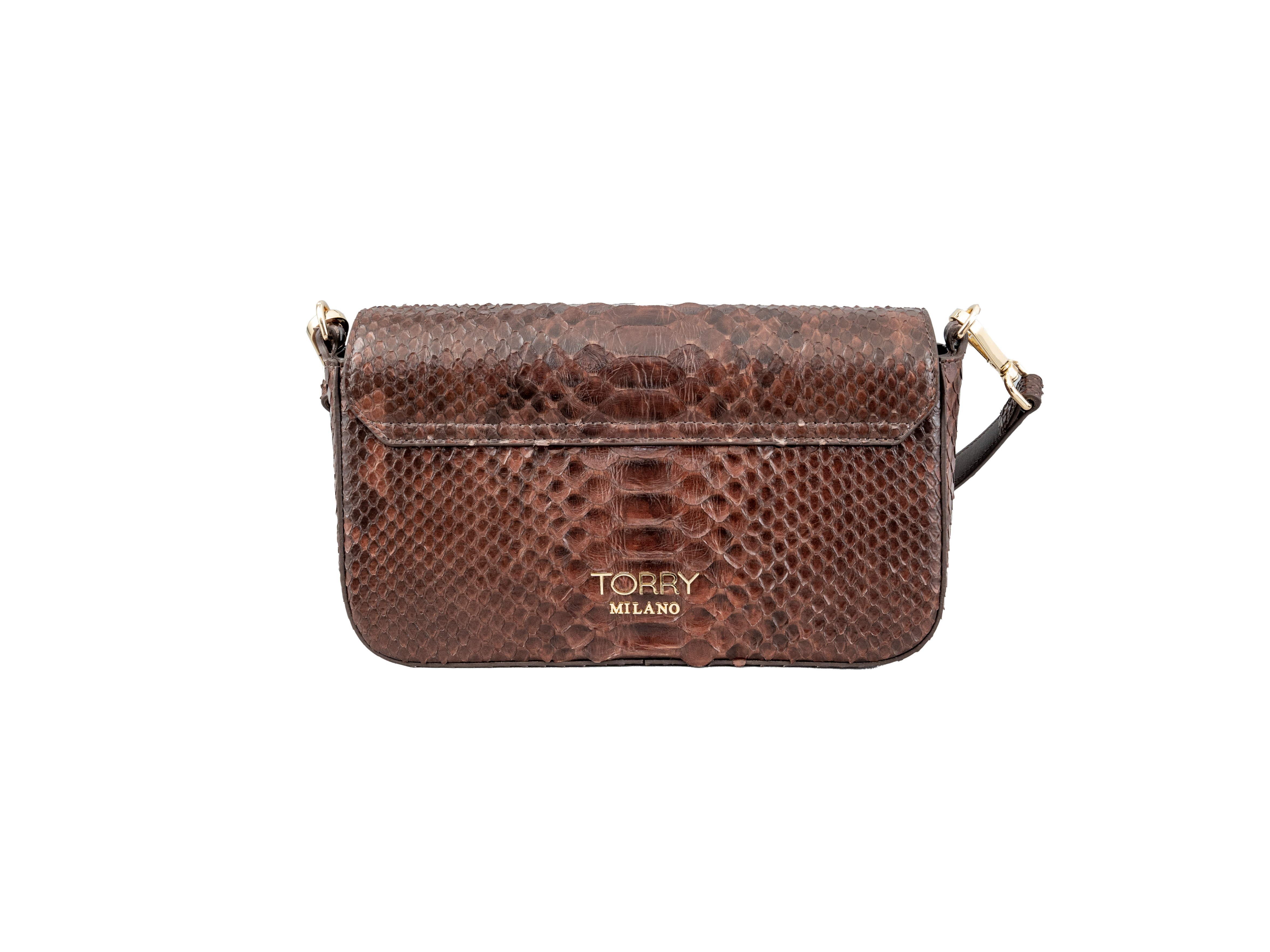 Brown textured handbag with 'Torry Milano' branding on a white background