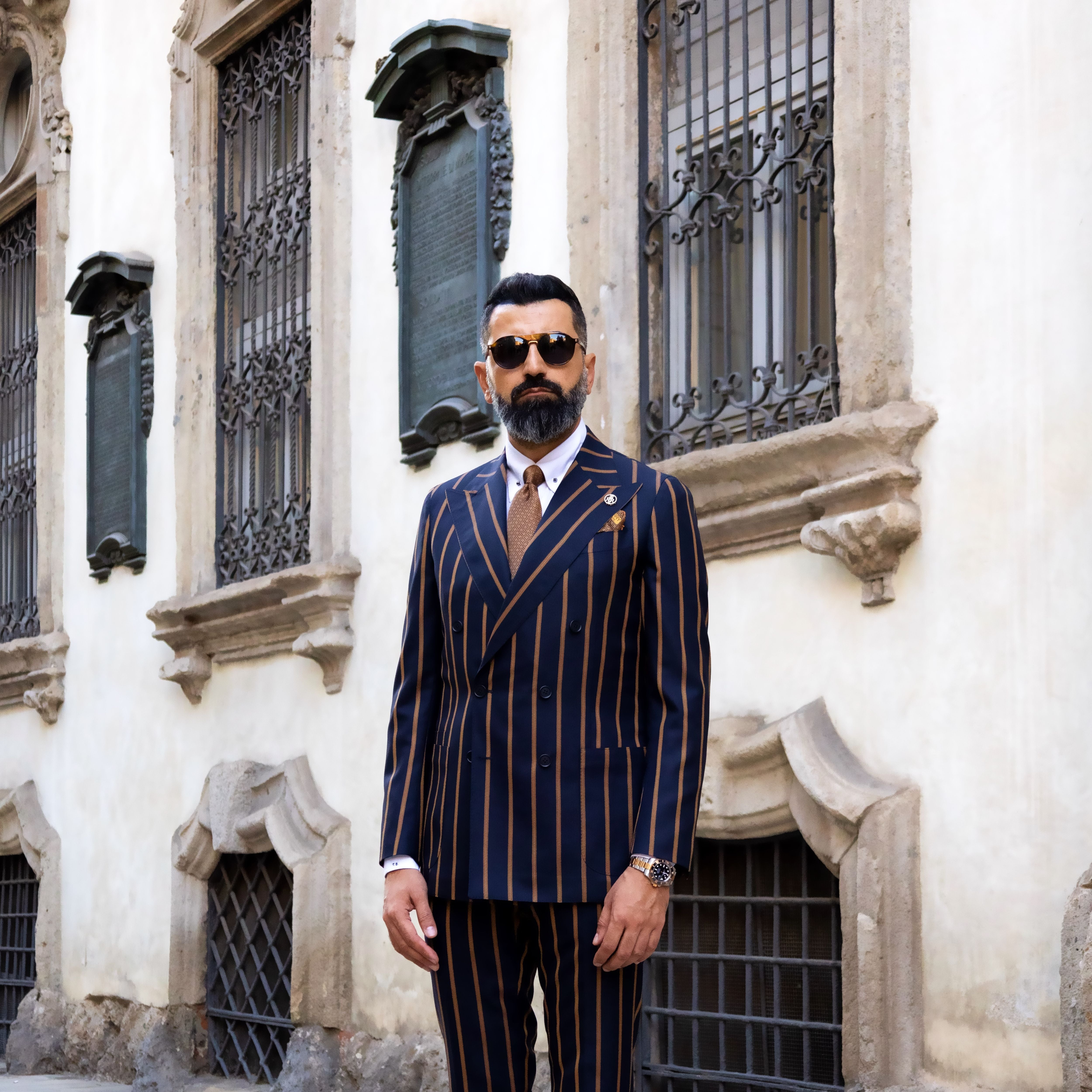 Black Striped Double Breasted Suit - Vitale Barberis Canonico Wool