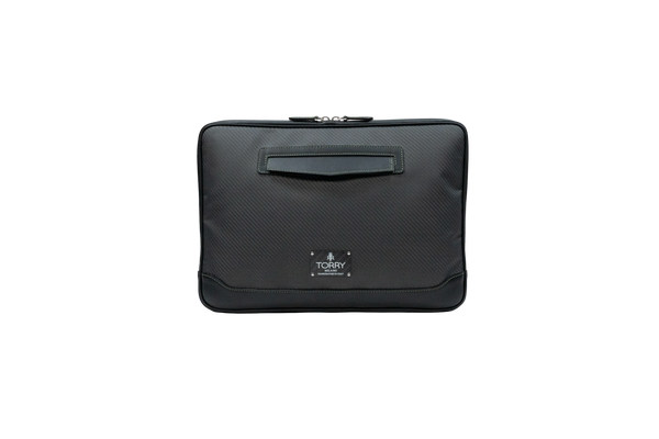Black laptop bag with a brand logo on a white background
